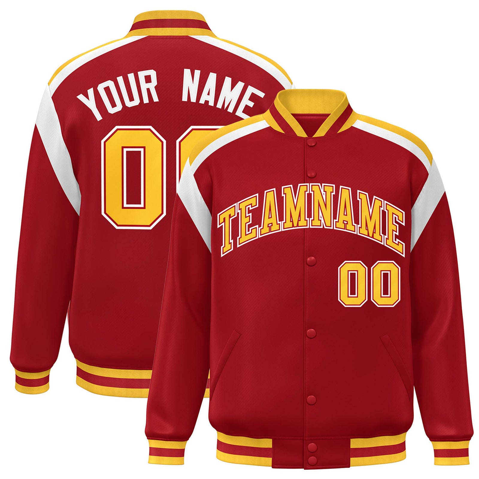 Custom Royal Red Yellow-White Bomber Full-Snap Varsity Letterman Shoulder Stripe Jacket