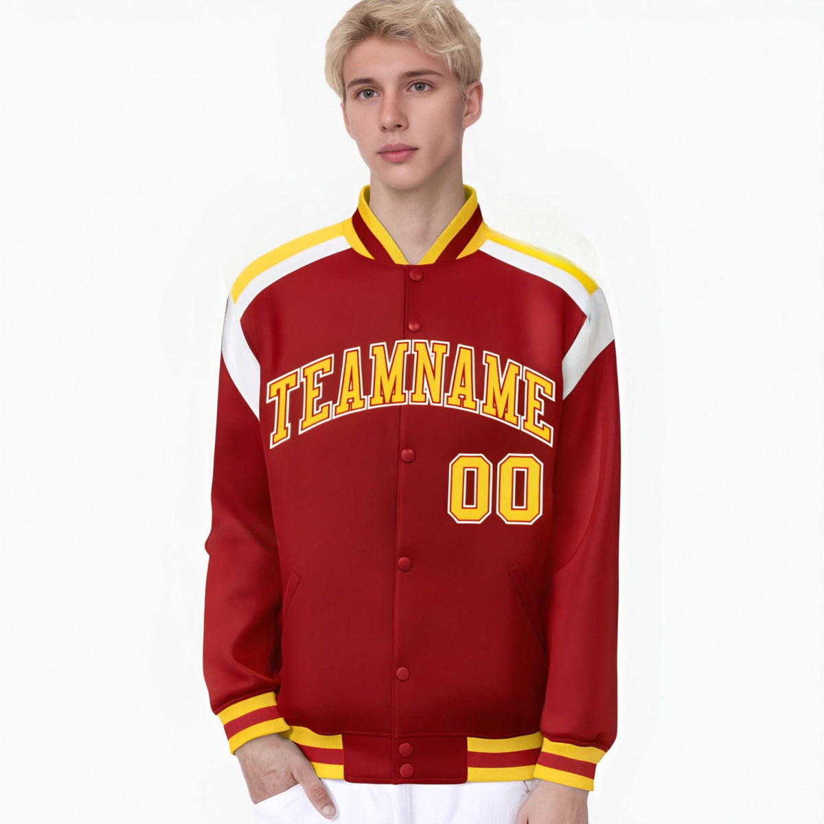 Custom Royal Red Yellow-White Bomber Full-Snap Varsity Letterman Shoulder Stripe Jacket