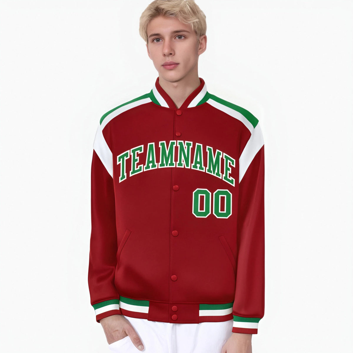 Custom Royal Red Neon-Green White Bomber Full-Snap Varsity Letterman Shoulder Stripe Jacket