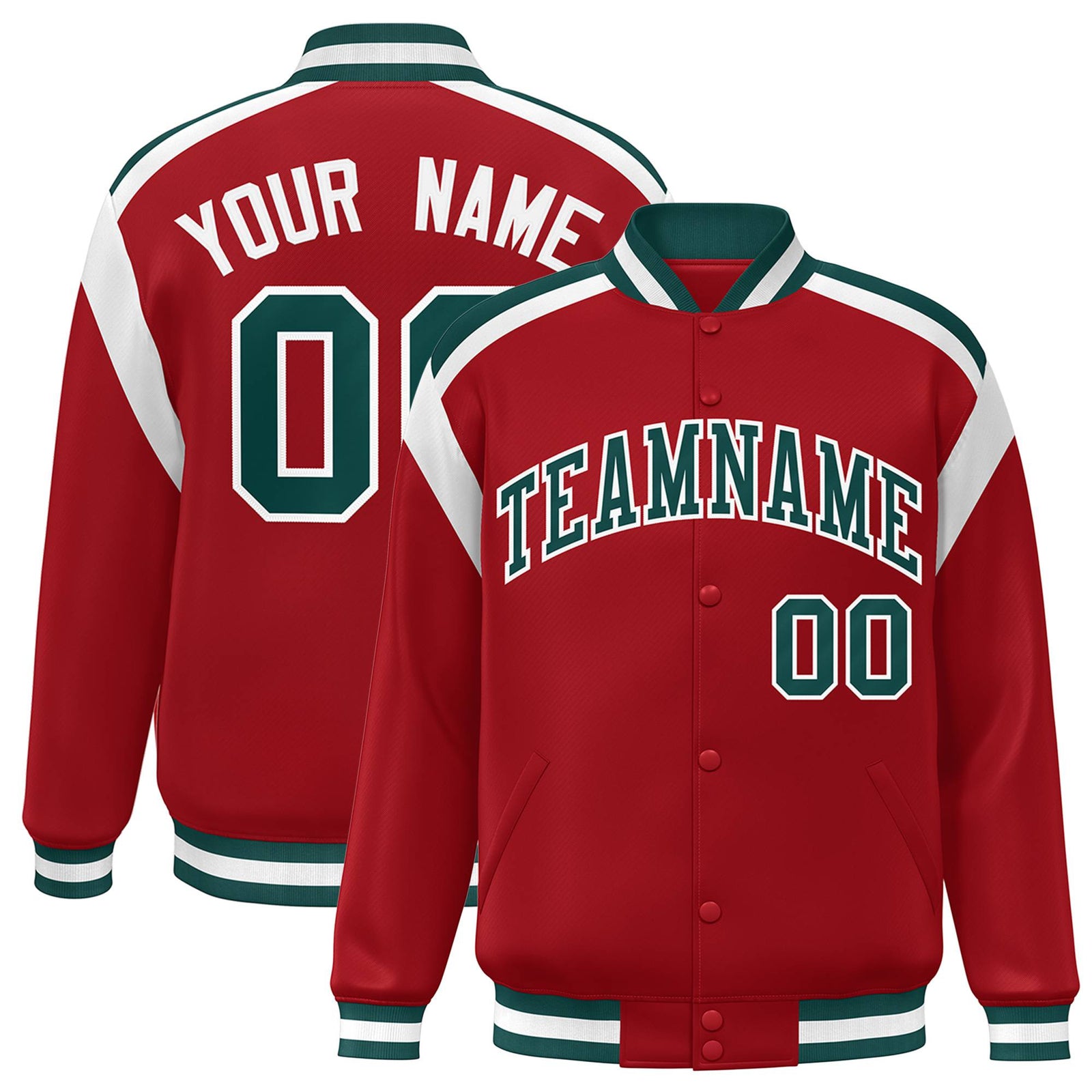 Custom Royal Red Midnight-Green White Bomber Full-Snap Varsity Letterman Shoulder Stripe Jacket
