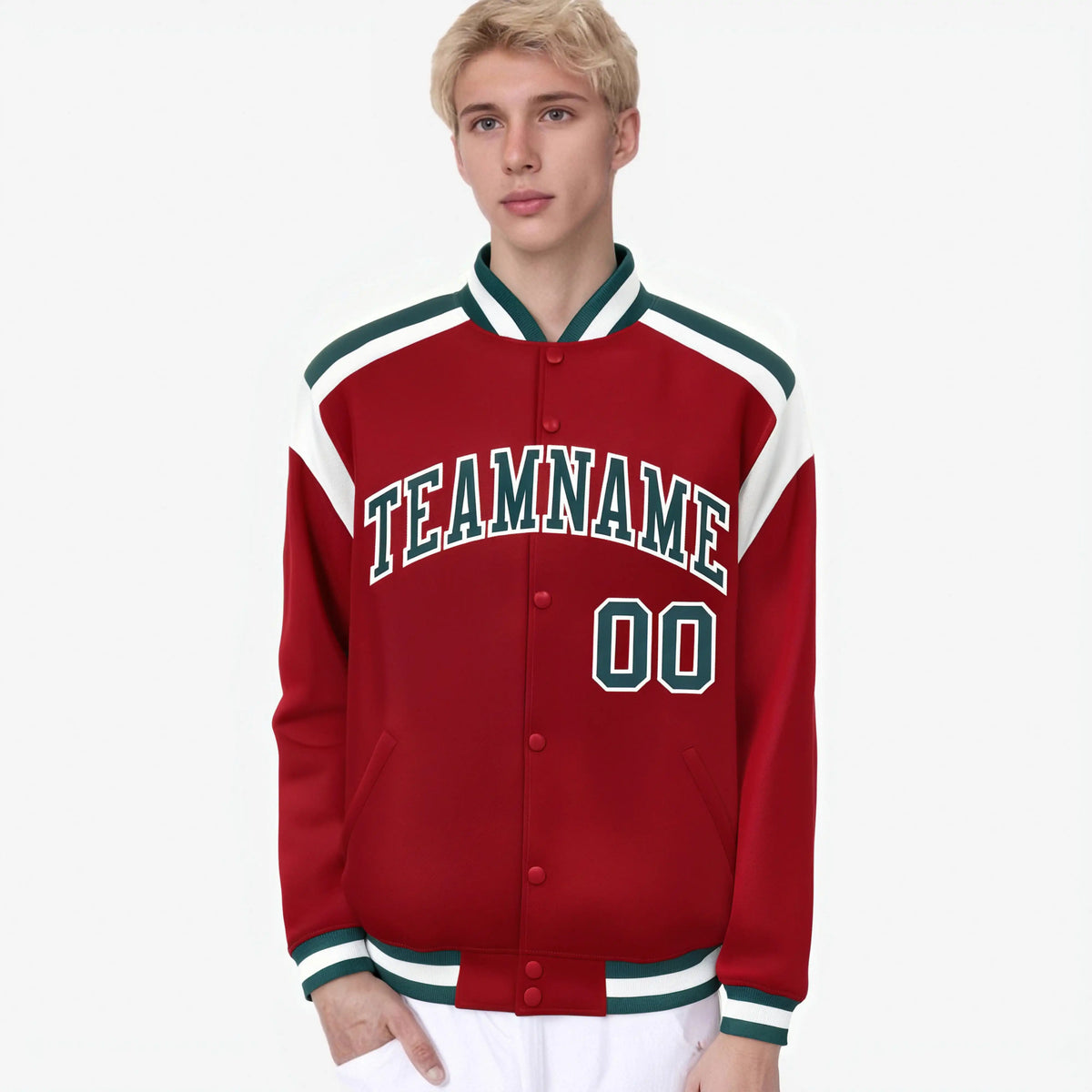 Custom Royal Red Midnight-Green White Bomber Full-Snap Varsity Letterman Shoulder Stripe Jacket
