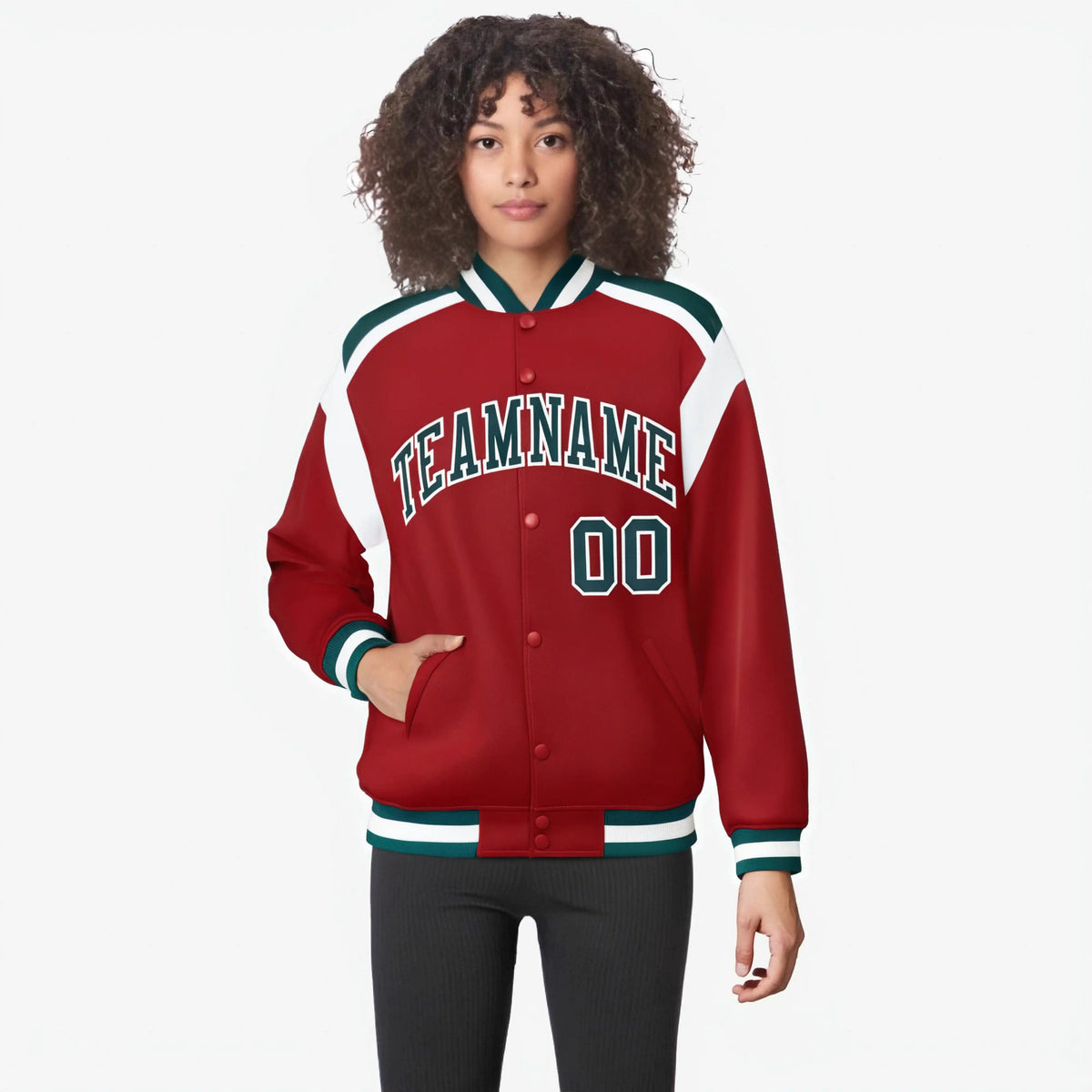 Custom Royal Red Midnight-Green White Bomber Full-Snap Varsity Letterman Shoulder Stripe Jacket