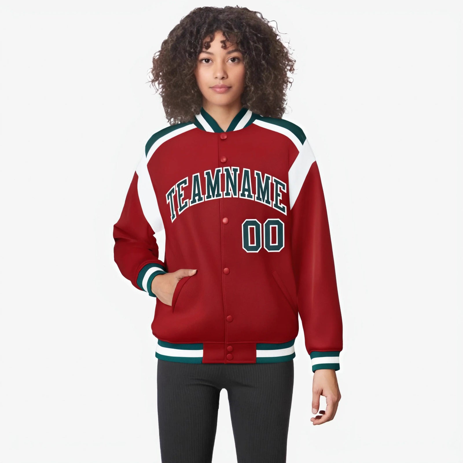 Custom Royal Red Midnight-Green White Bomber Full-Snap Varsity Letterman Shoulder Stripe Jacket