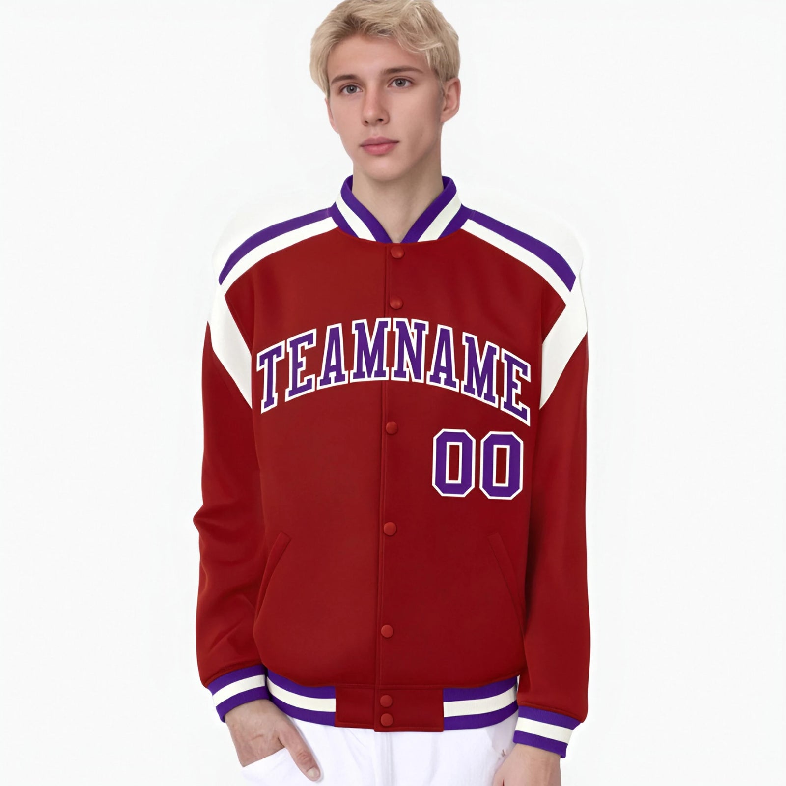 Custom Royal Red Purple-White Bomber Full-Snap Varsity Letterman Shoulder Stripe Jacket