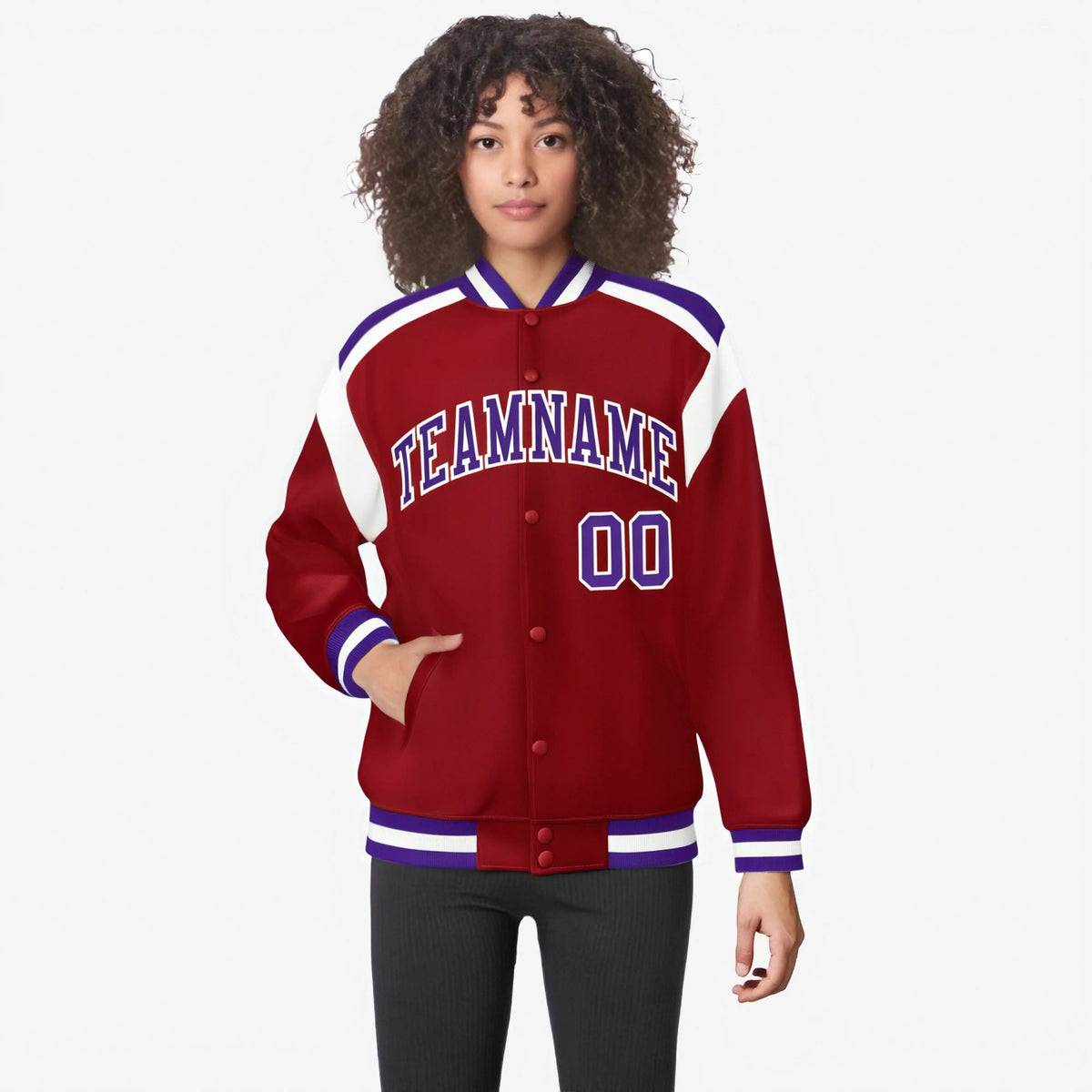 Custom Royal Red Purple-White Bomber Full-Snap Varsity Letterman Shoulder Stripe Jacket