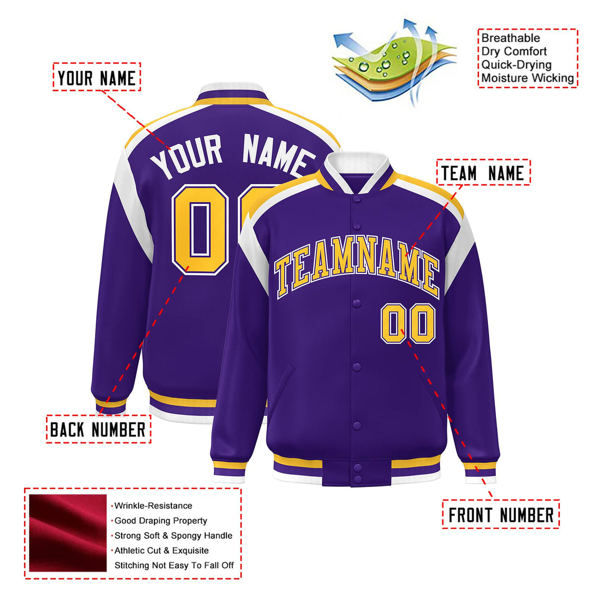 Custom Purple Yellow-White Bomber Full-Snap Varsity Letterman Shoulder Stripe Jacket