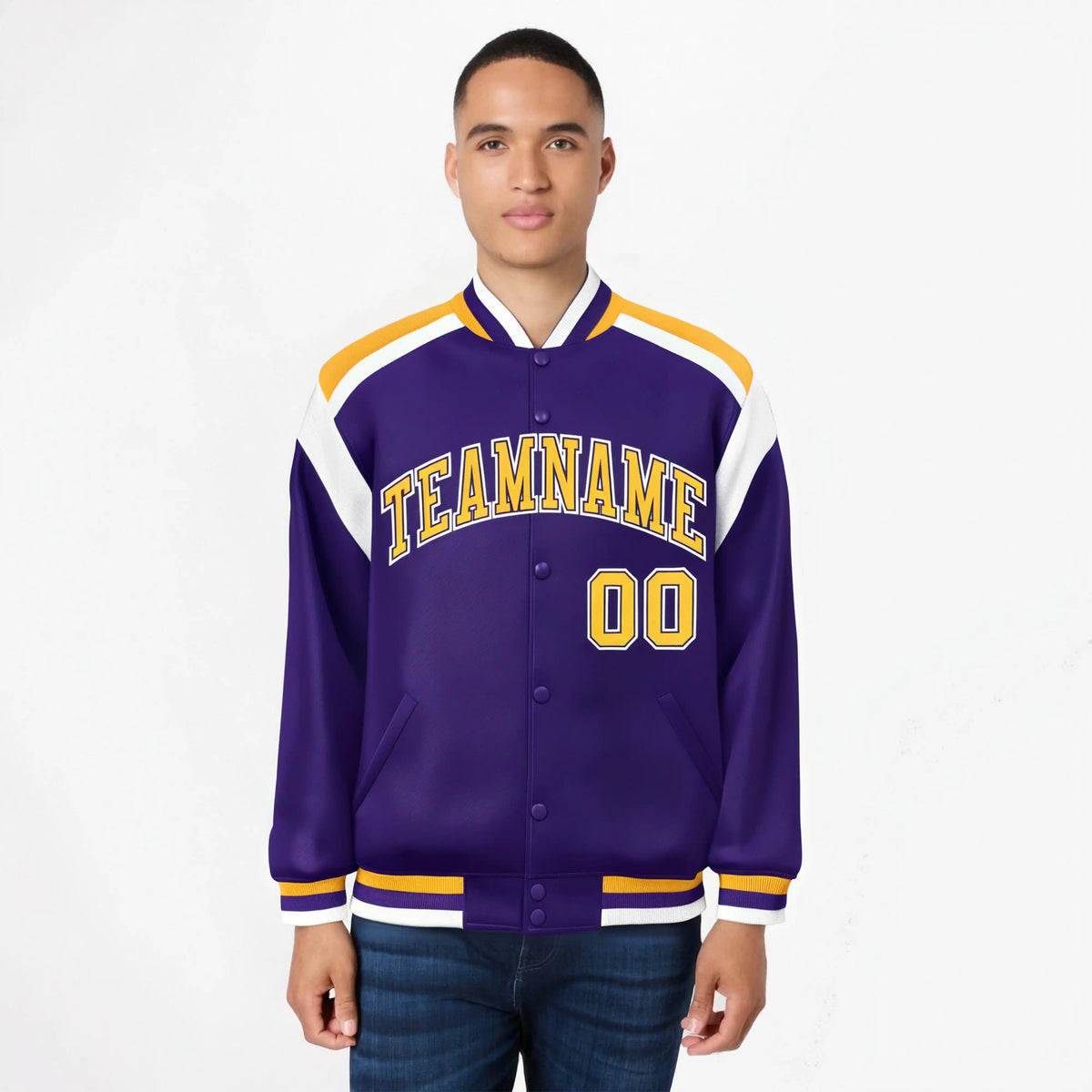 Custom Purple Yellow-White Bomber Full-Snap Varsity Letterman Shoulder Stripe Jacket