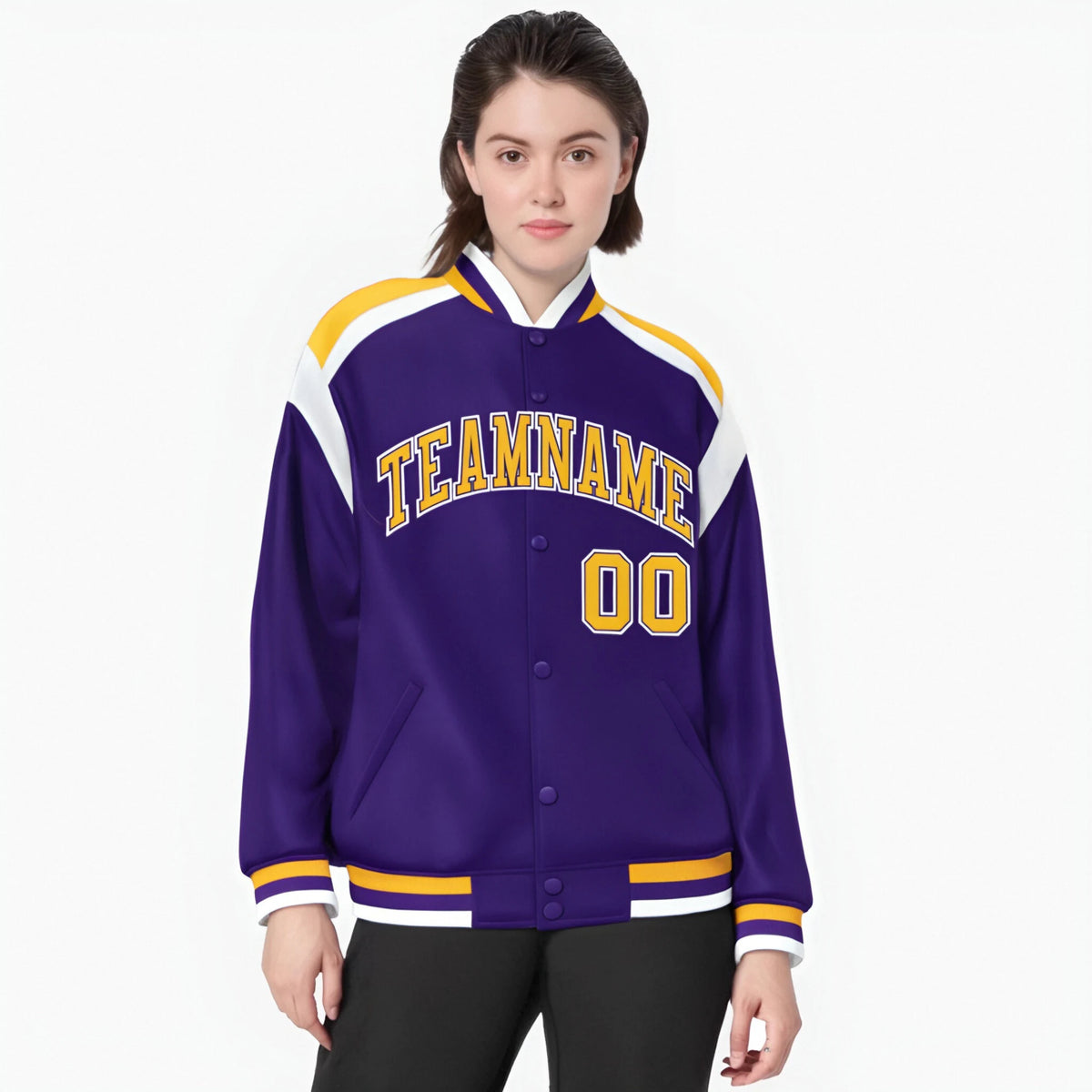 Custom Purple Yellow-White Bomber Full-Snap Varsity Letterman Shoulder Stripe Jacket