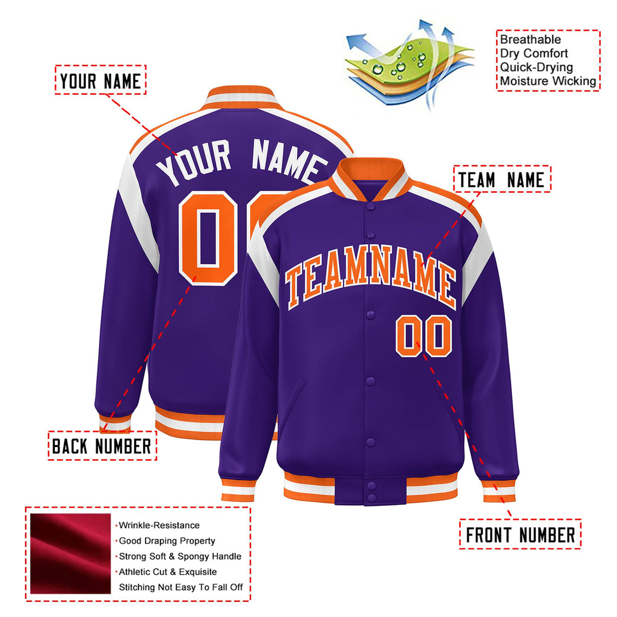 Custom Purple Orange-White Bomber Full-Snap Varsity Letterman Shoulder Stripe Jacket