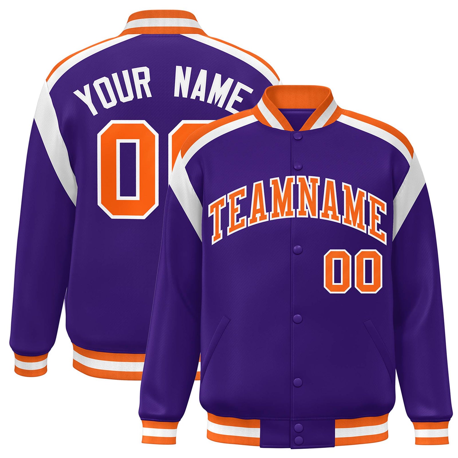 Custom Purple Orange-White Bomber Full-Snap Varsity Letterman Shoulder Stripe Jacket