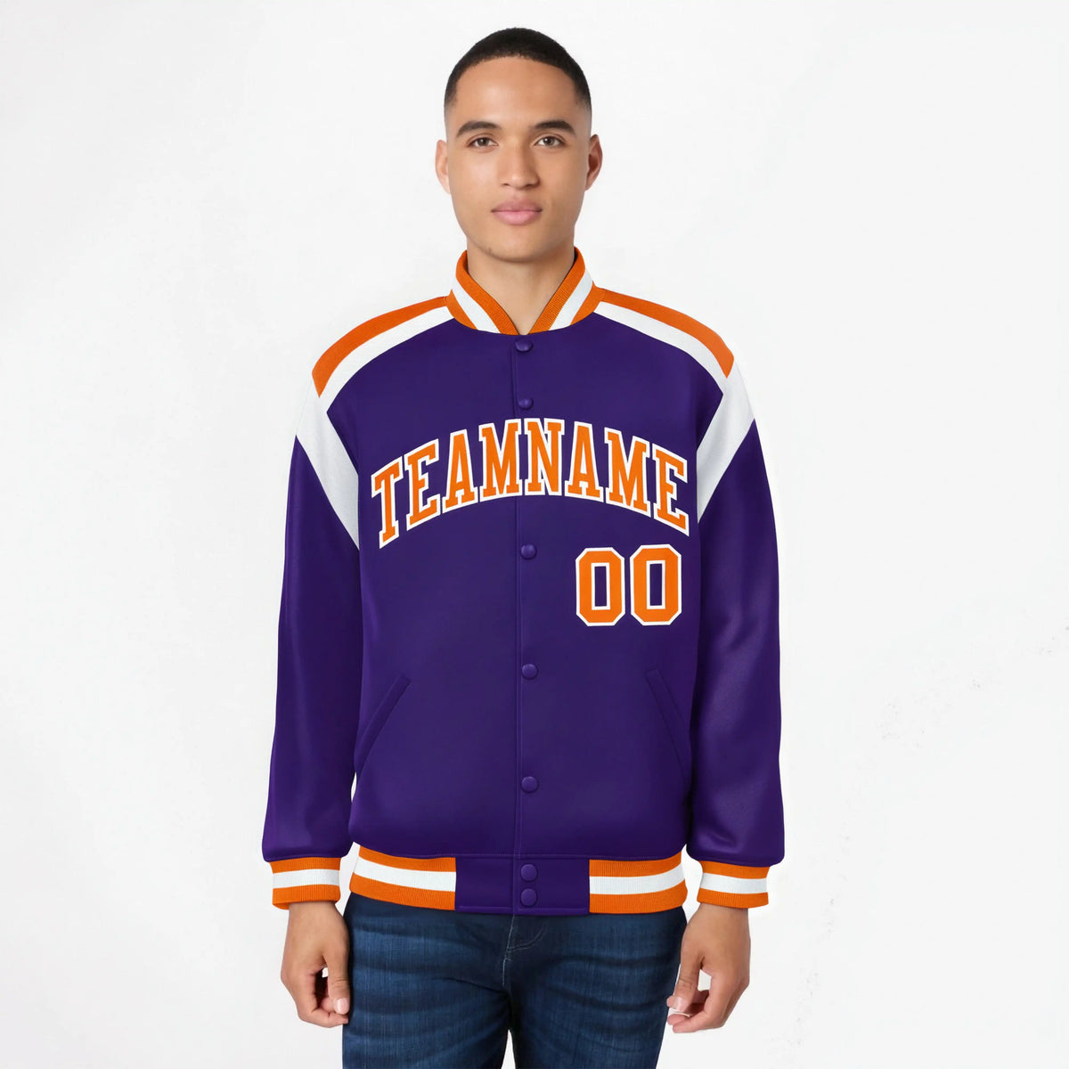 Custom Purple Orange-White Bomber Full-Snap Varsity Letterman Shoulder Stripe Jacket