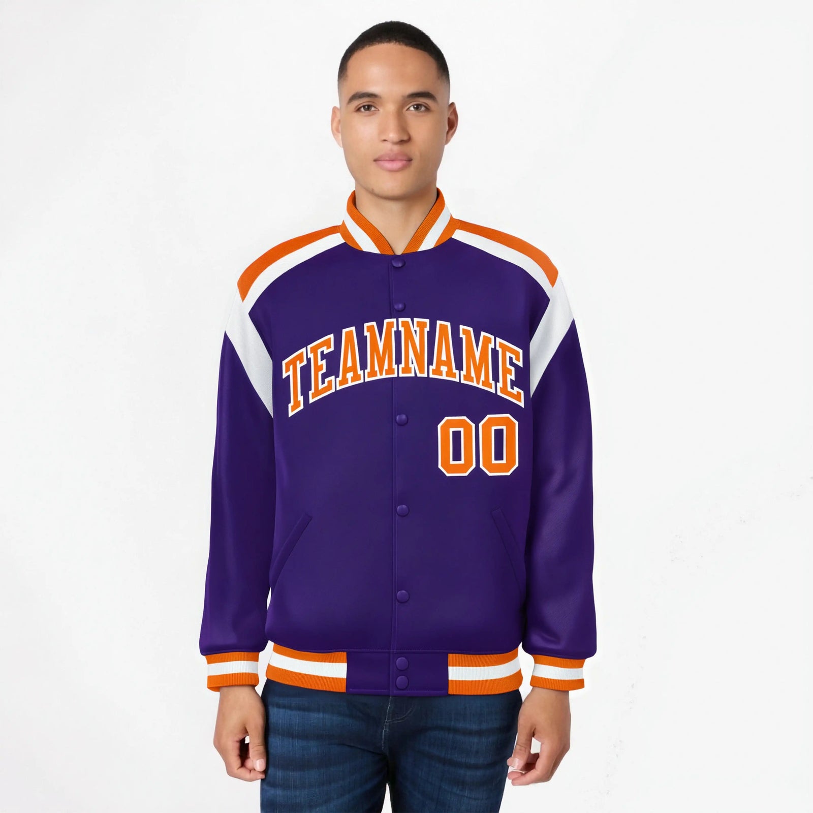 Custom Purple Orange-White Bomber Full-Snap Varsity Letterman Shoulder Stripe Jacket