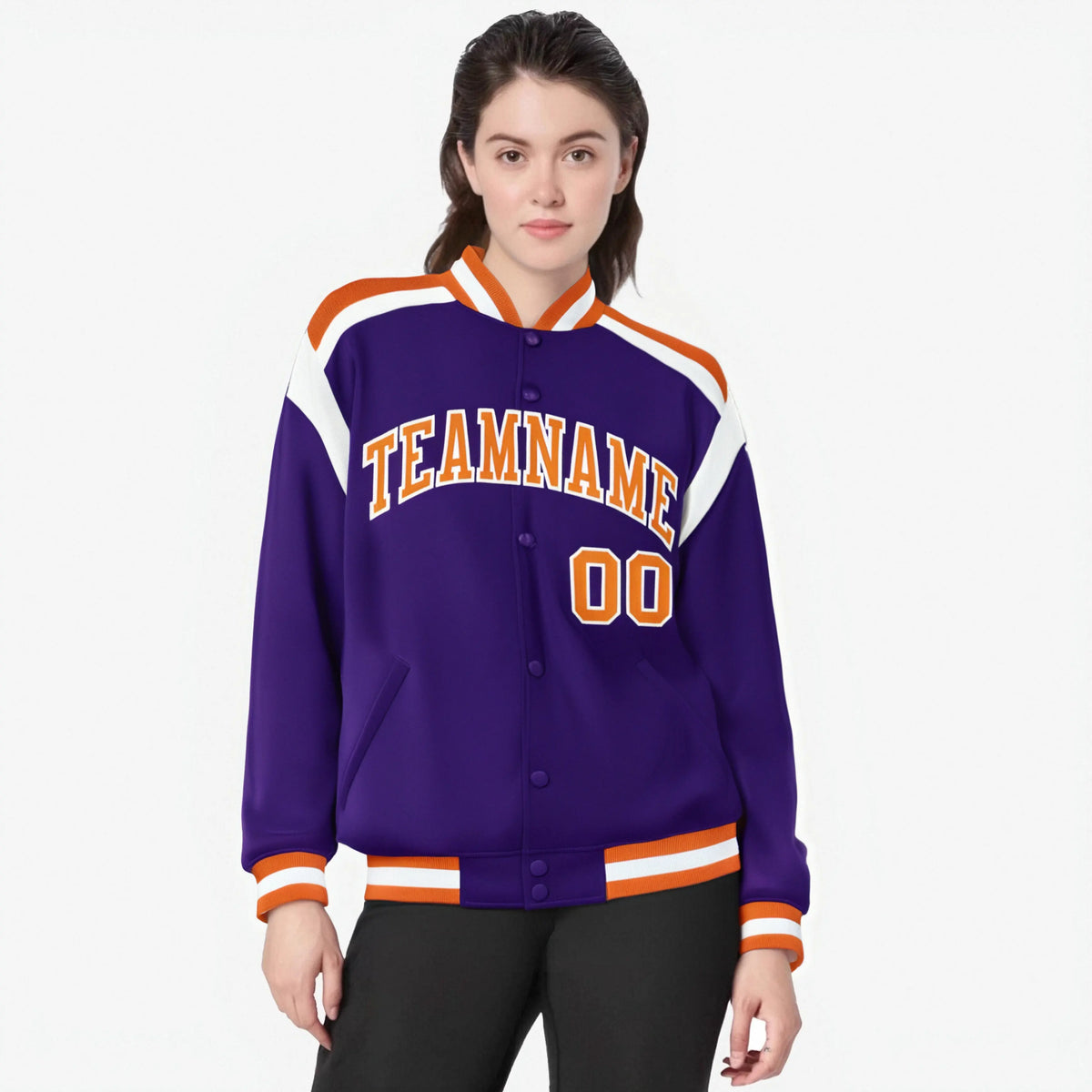 Custom Purple Orange-White Bomber Full-Snap Varsity Letterman Shoulder Stripe Jacket