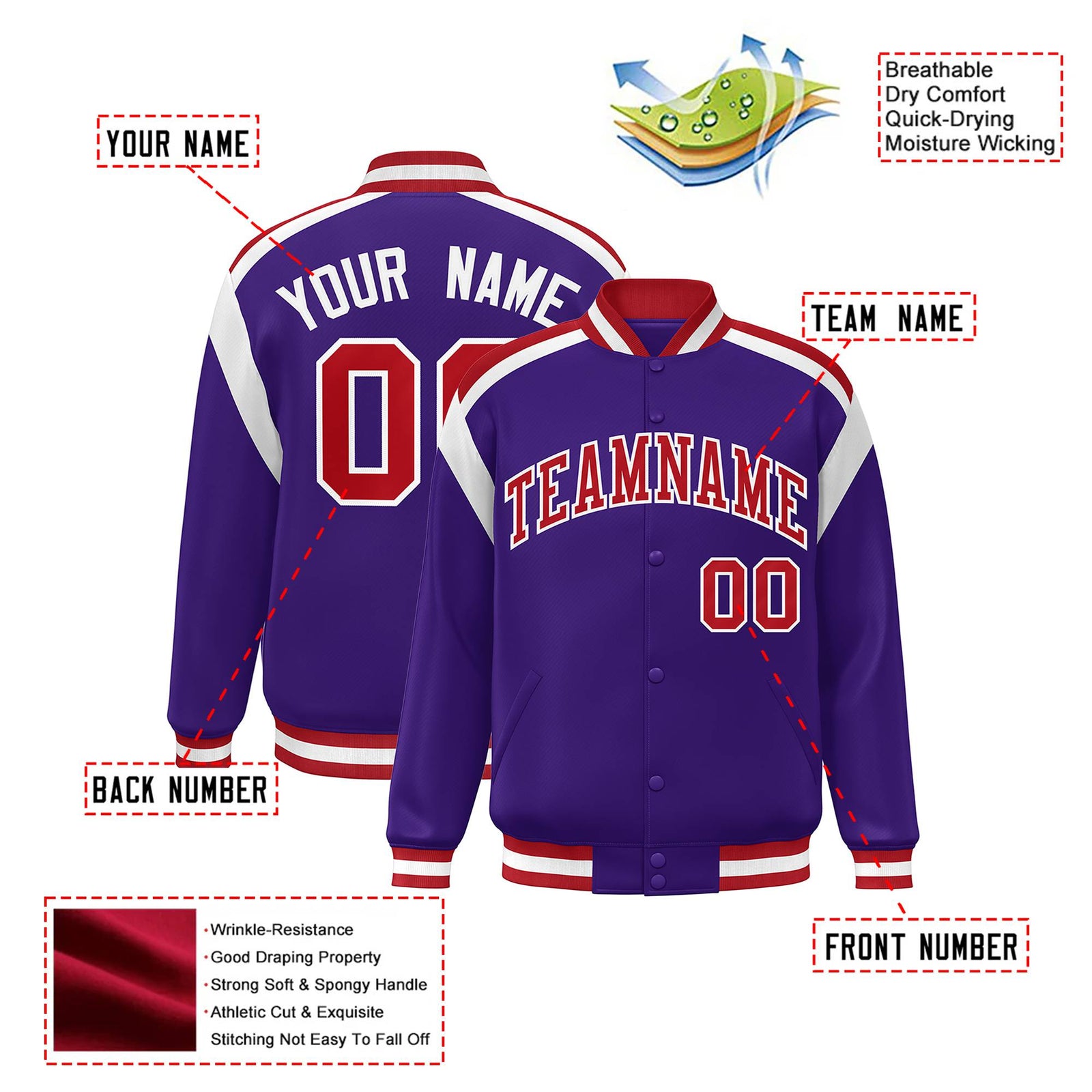 Custom Purple Red-White Bomber Full-Snap Varsity Letterman Shoulder Stripe Jacket