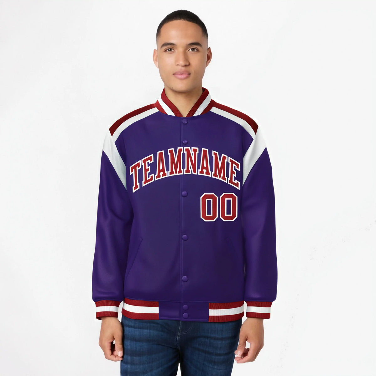 Custom Purple Red-White Bomber Full-Snap Varsity Letterman Shoulder Stripe Jacket
