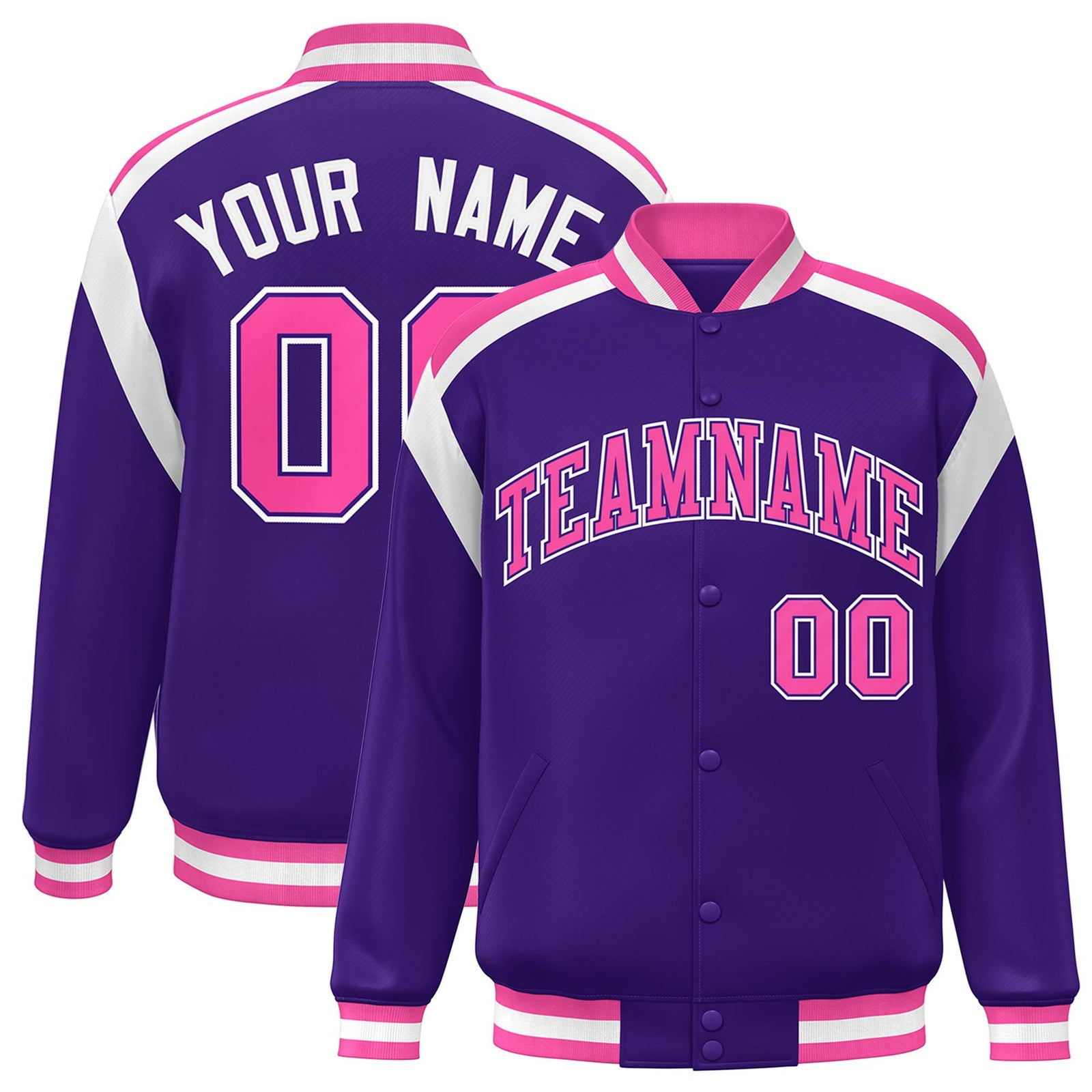 Custom Purple Pink-White Bomber Full-Snap Varsity Letterman Shoulder Stripe Jacket