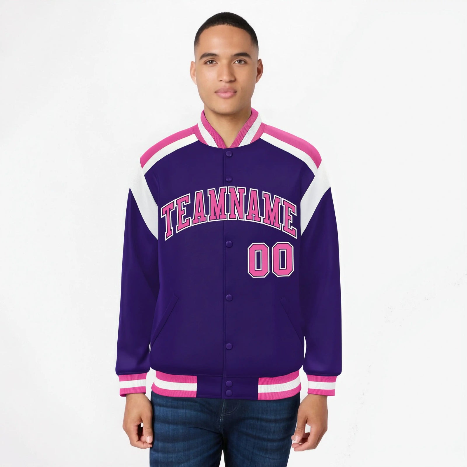 Custom Purple Pink-White Bomber Full-Snap Varsity Letterman Shoulder Stripe Jacket