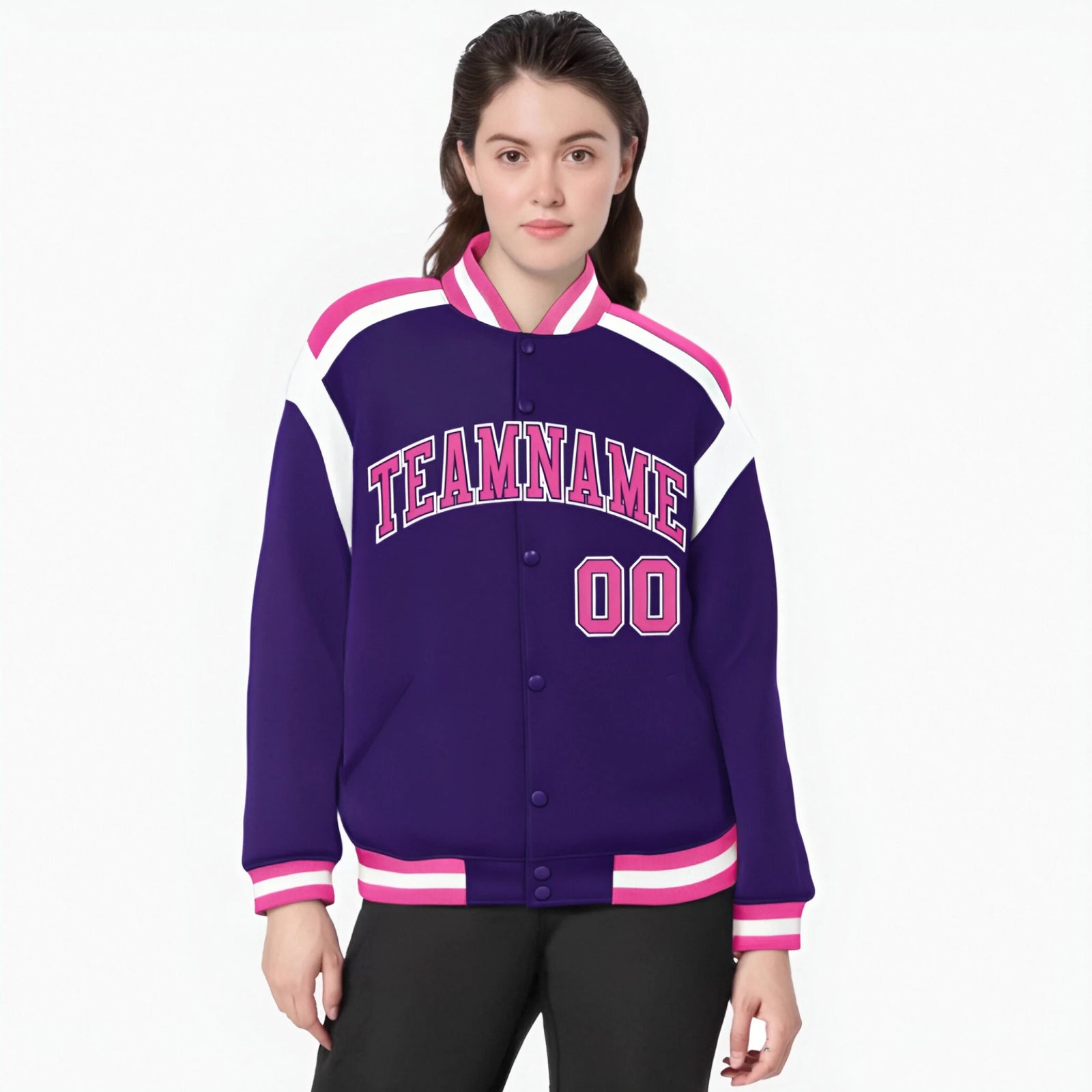 Custom Purple Pink-White Bomber Full-Snap Varsity Letterman Shoulder Stripe Jacket