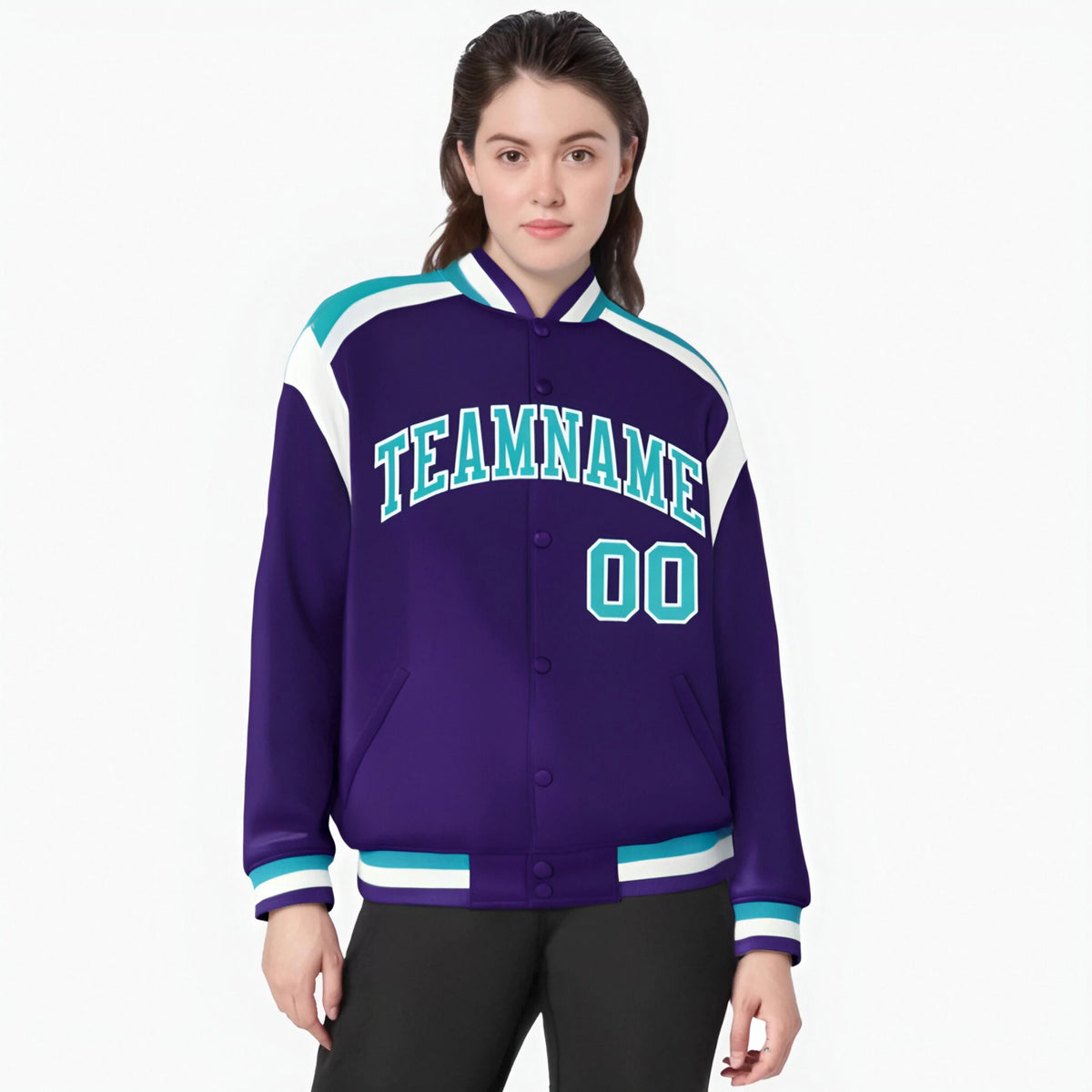 Custom Purple Aqua-White Bomber Full-Snap Varsity Letterman Shoulder Stripe Jacket