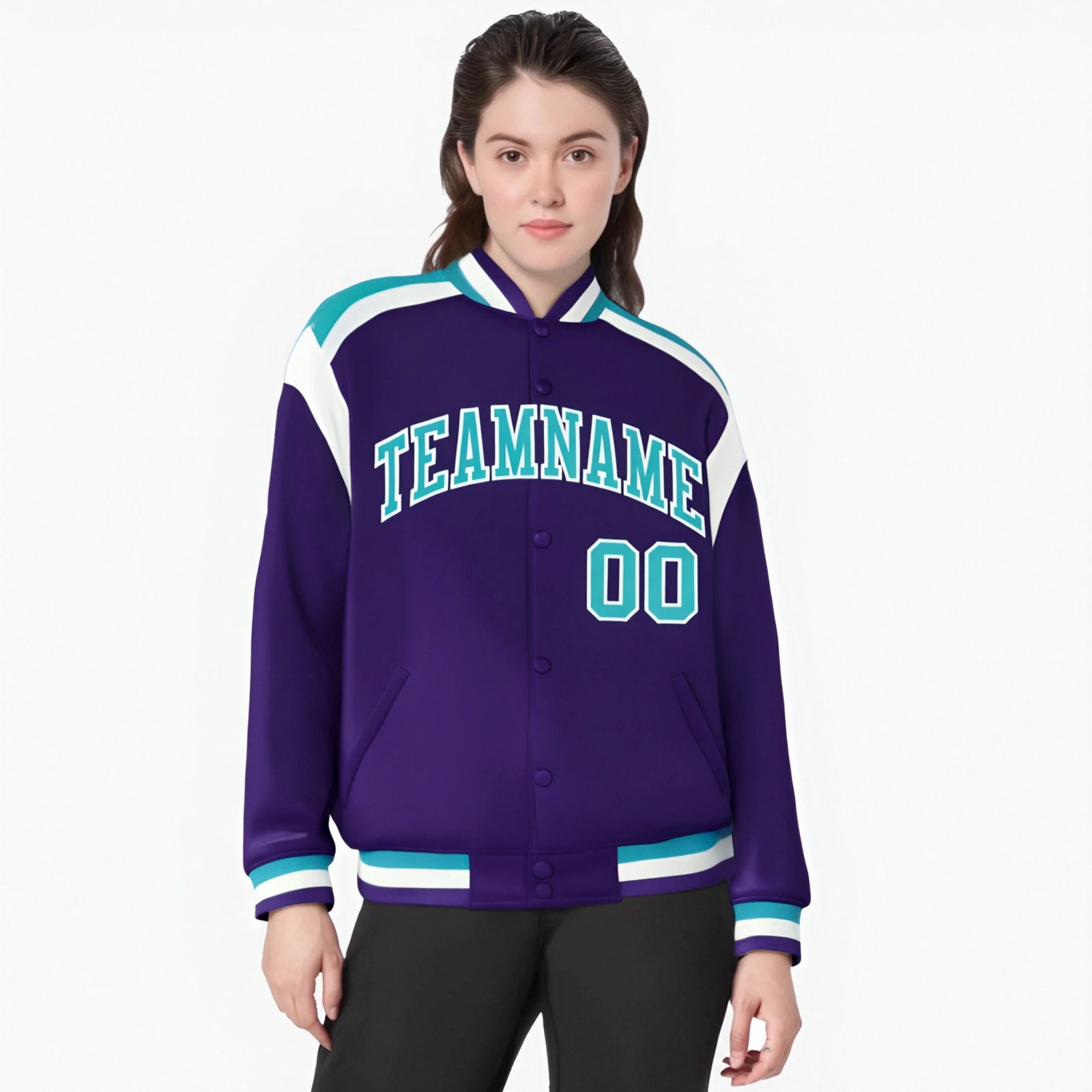 Custom Purple Aqua-White Bomber Full-Snap Varsity Letterman Shoulder Stripe Jacket