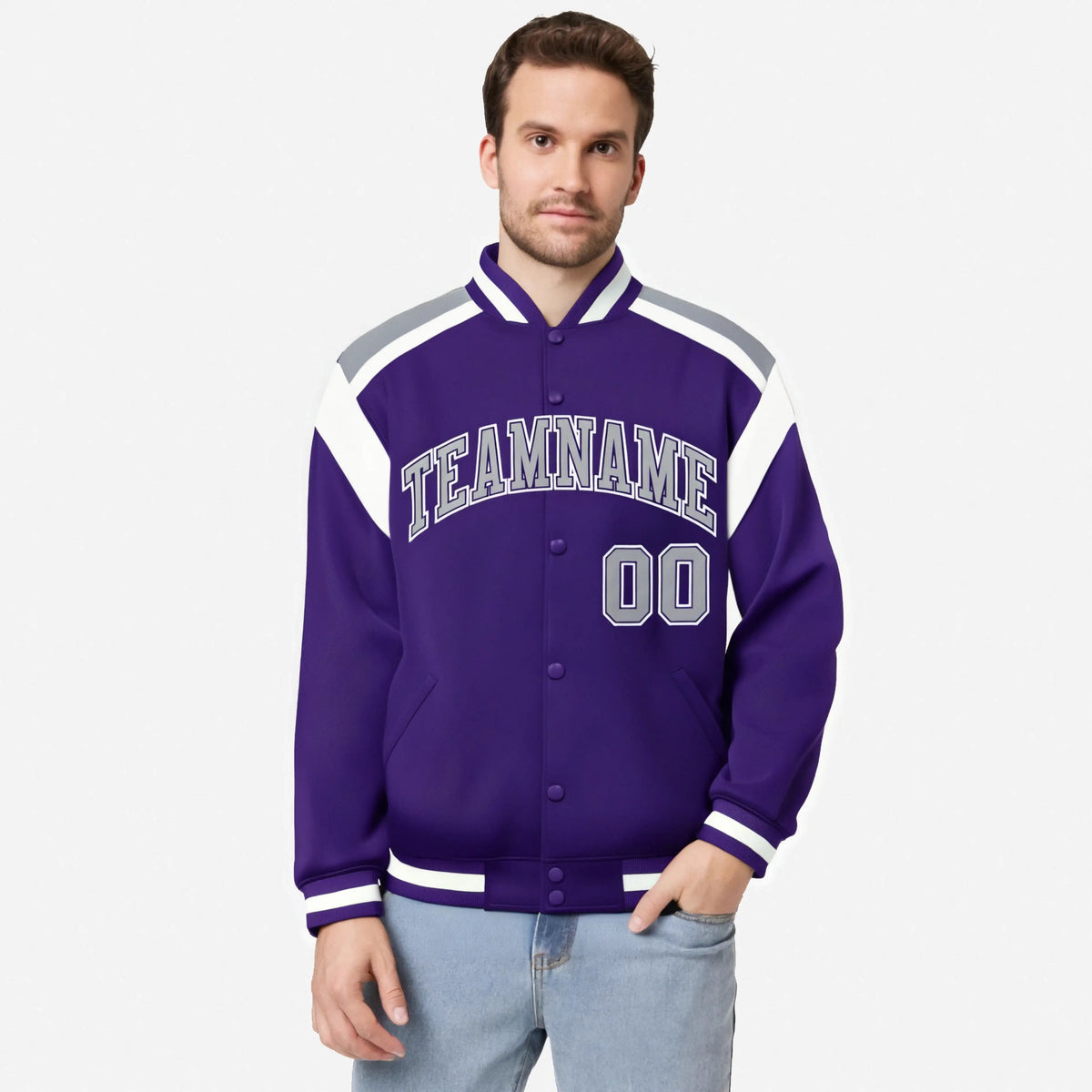 Custom Purple Gray-White Bomber Full-Snap Varsity Letterman Shoulder Stripe Jacket