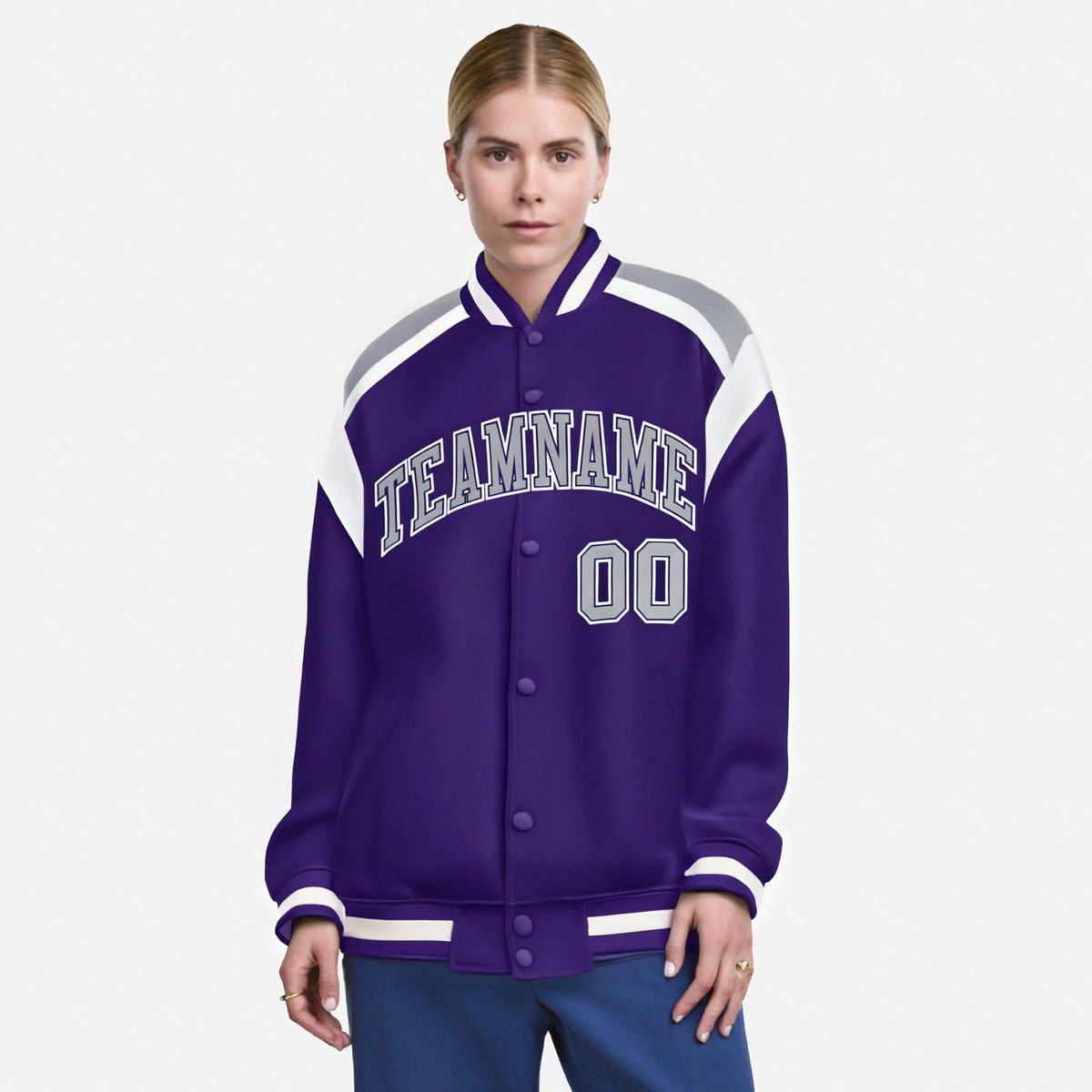 Custom Purple Gray-White Bomber Full-Snap Varsity Letterman Shoulder Stripe Jacket