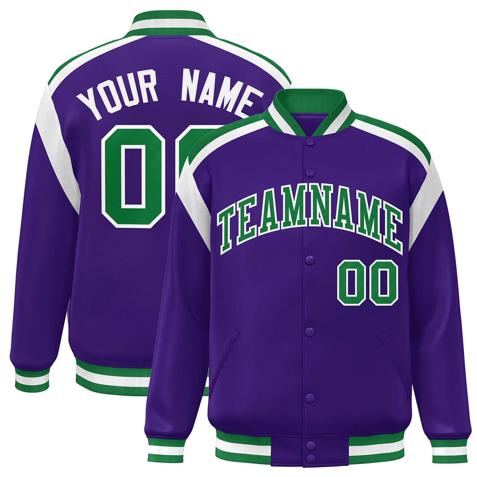 Custom Purple Green-White Bomber Full-Snap Varsity Letterman Shoulder Stripe Jacket