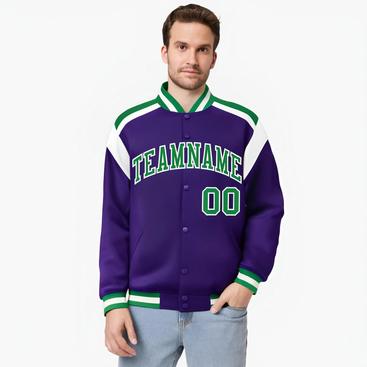 Custom Purple Green-White Bomber Full-Snap Varsity Letterman Shoulder Stripe Jacket