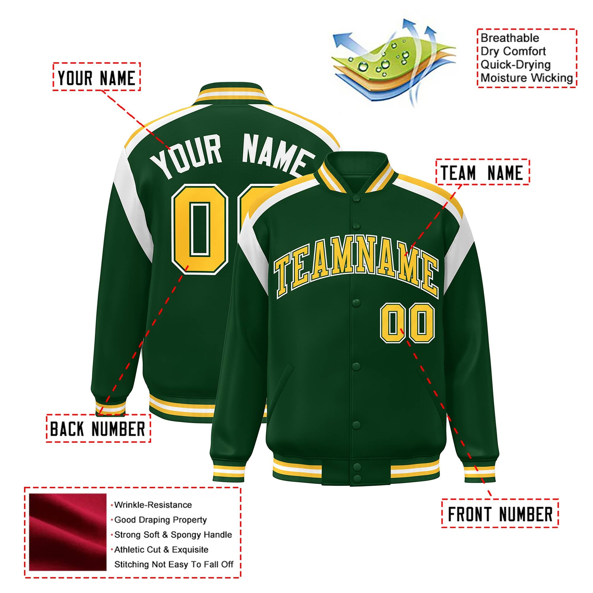 Custom Kelly-Green Yellow-White Bomber Full-Snap Varsity Letterman Shoulder Stripe Jacket