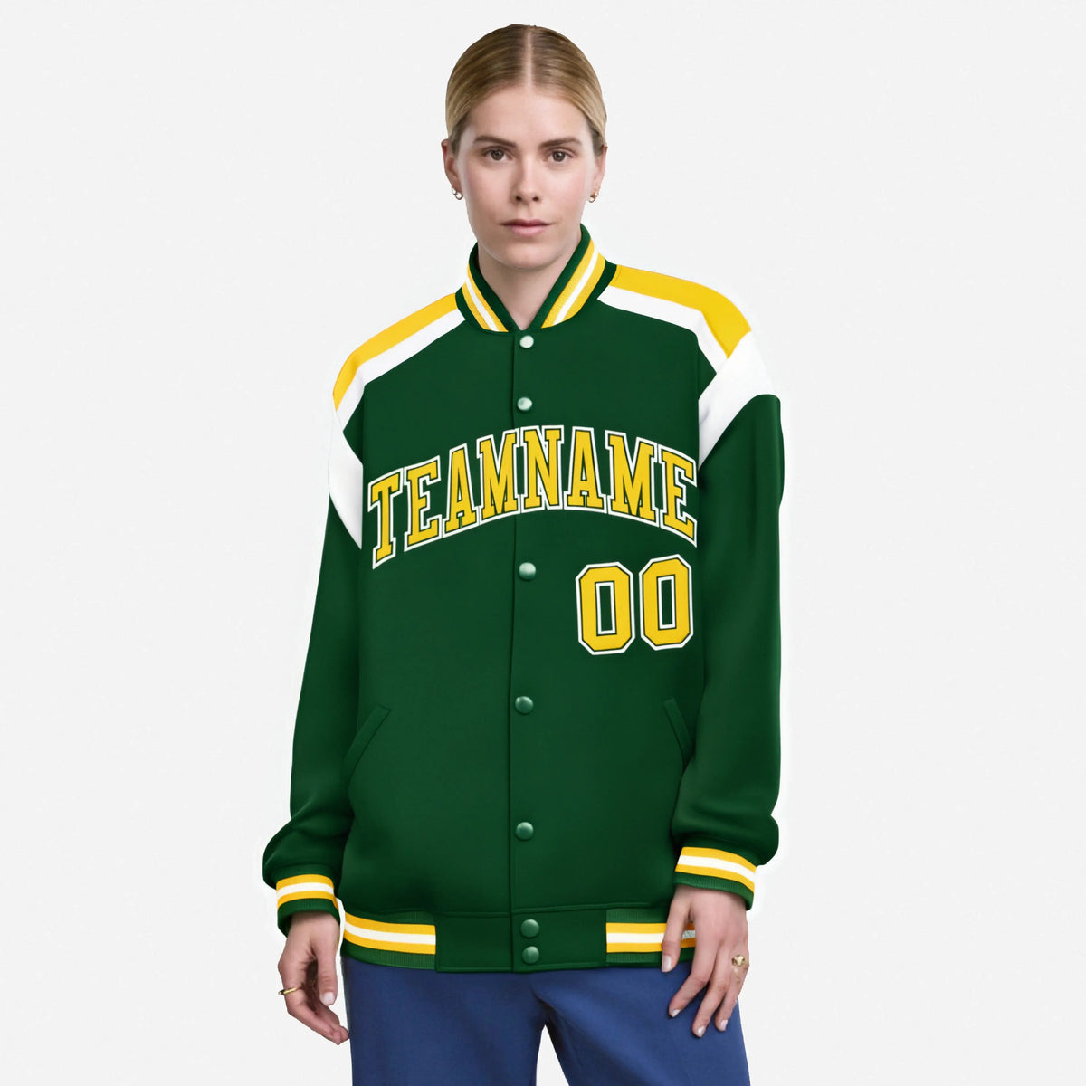 Custom Kelly-Green Yellow-White Bomber Full-Snap Varsity Letterman Shoulder Stripe Jacket