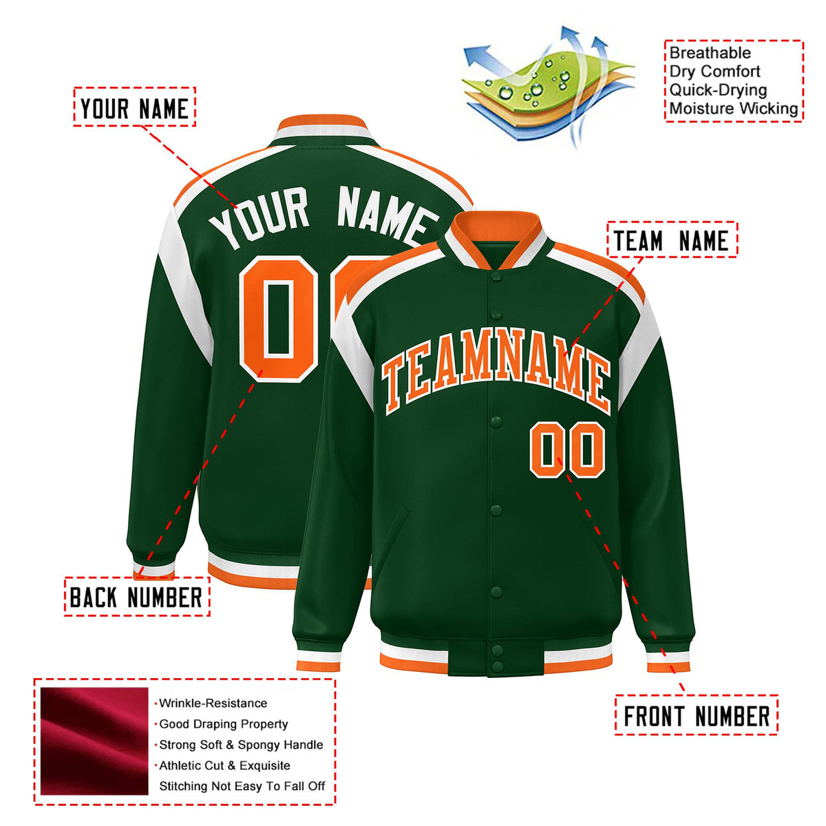 Custom Kelly-Green Orange-White Bomber Full-Snap Varsity Letterman Shoulder Stripe Jacket