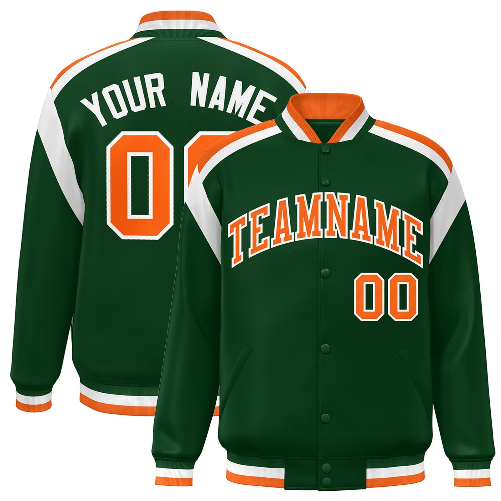 Custom Kelly-Green Orange-White Bomber Full-Snap Varsity Letterman Shoulder Stripe Jacket
