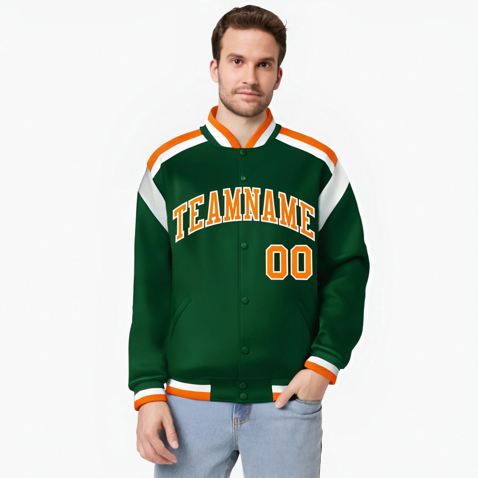 Custom Kelly-Green Orange-White Bomber Full-Snap Varsity Letterman Shoulder Stripe Jacket