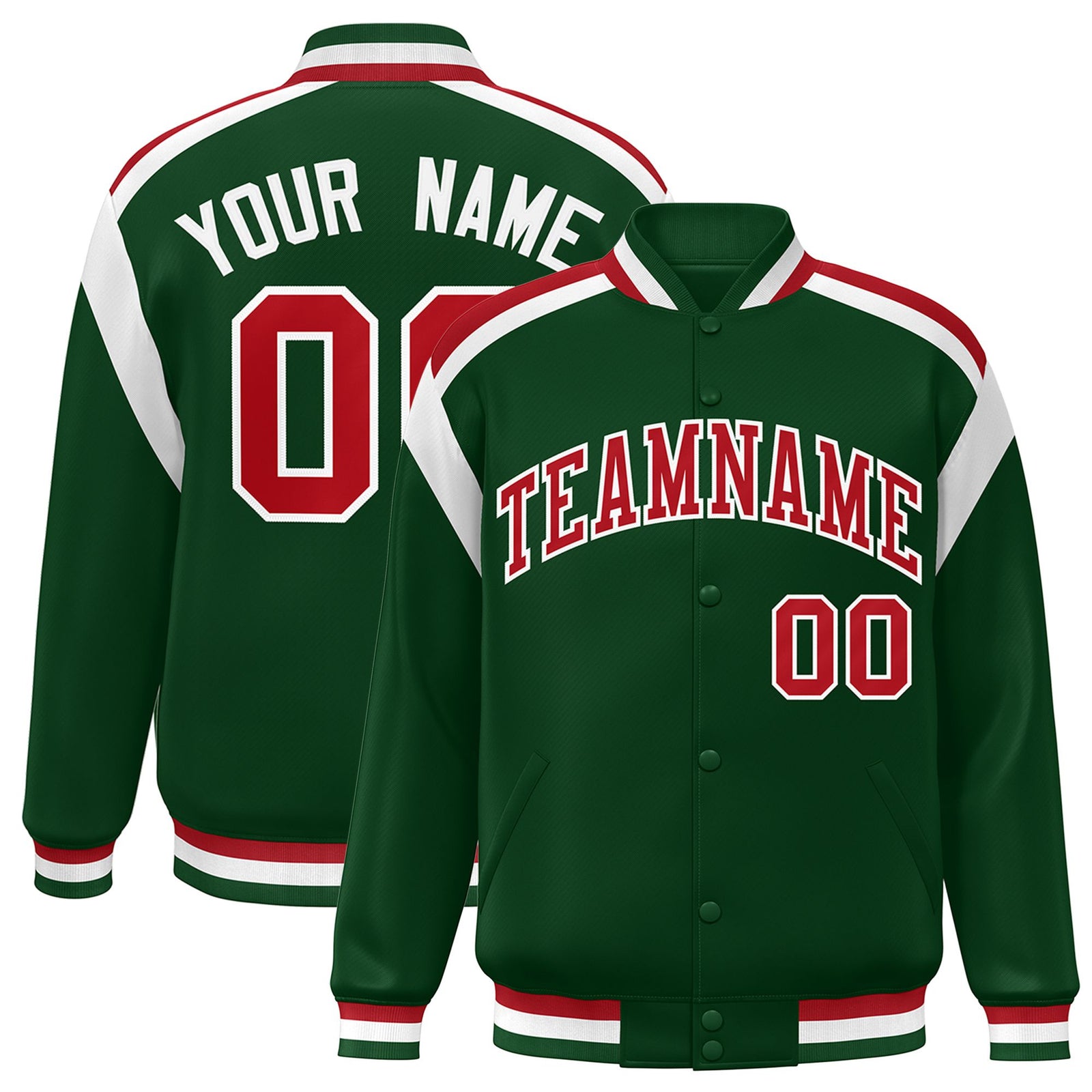 Custom Kelly-Green Red-White Bomber Full-Snap Varsity Letterman Shoulder Stripe Jacket