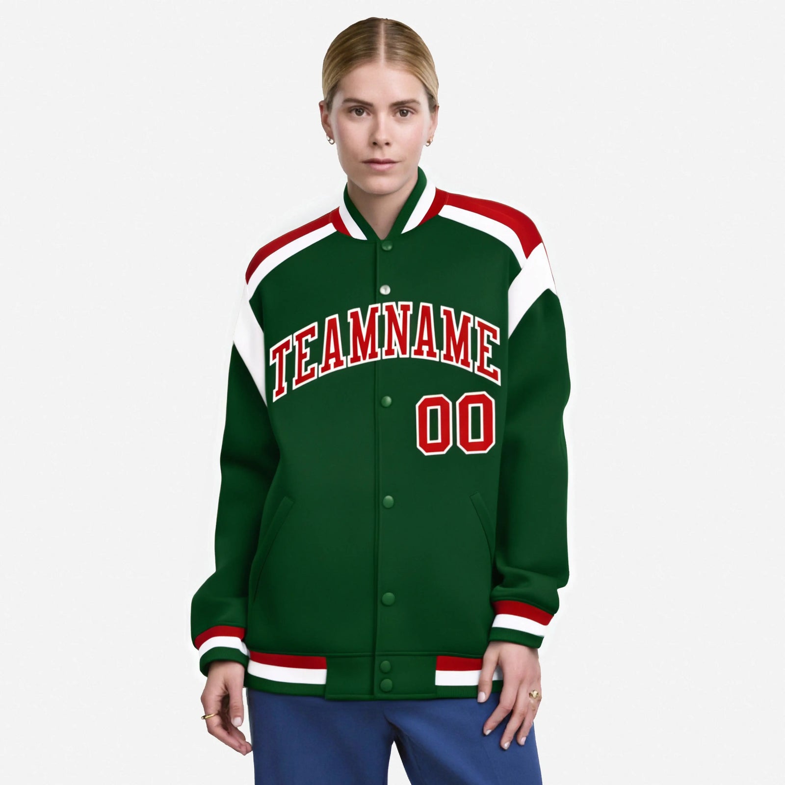 Custom Kelly-Green Red-White Bomber Full-Snap Varsity Letterman Shoulder Stripe Jacket