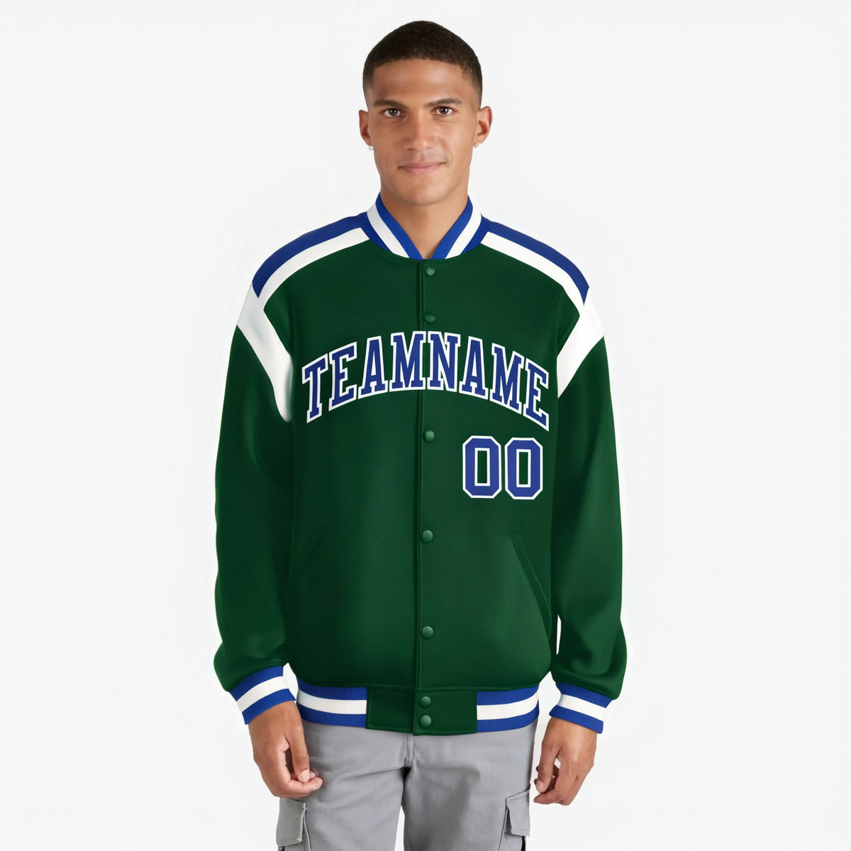 Custom Kelly-Green Thunder-Blue White Bomber Full-Snap Varsity Letterman Shoulder Stripe Jacket
