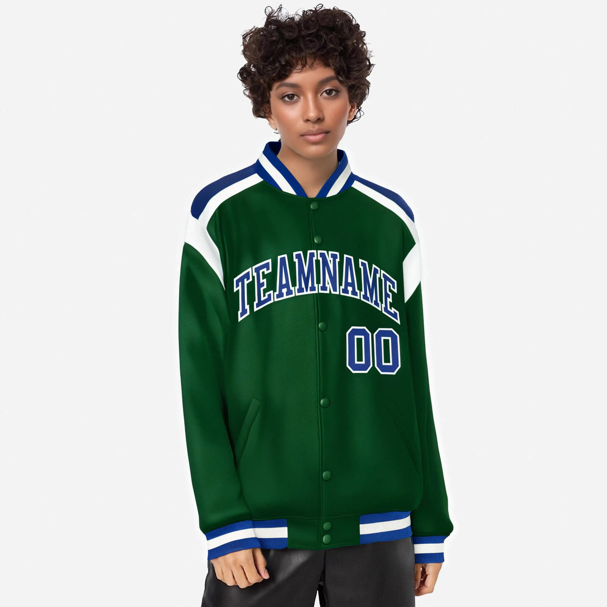 Custom Kelly-Green Thunder-Blue White Bomber Full-Snap Varsity Letterman Shoulder Stripe Jacket