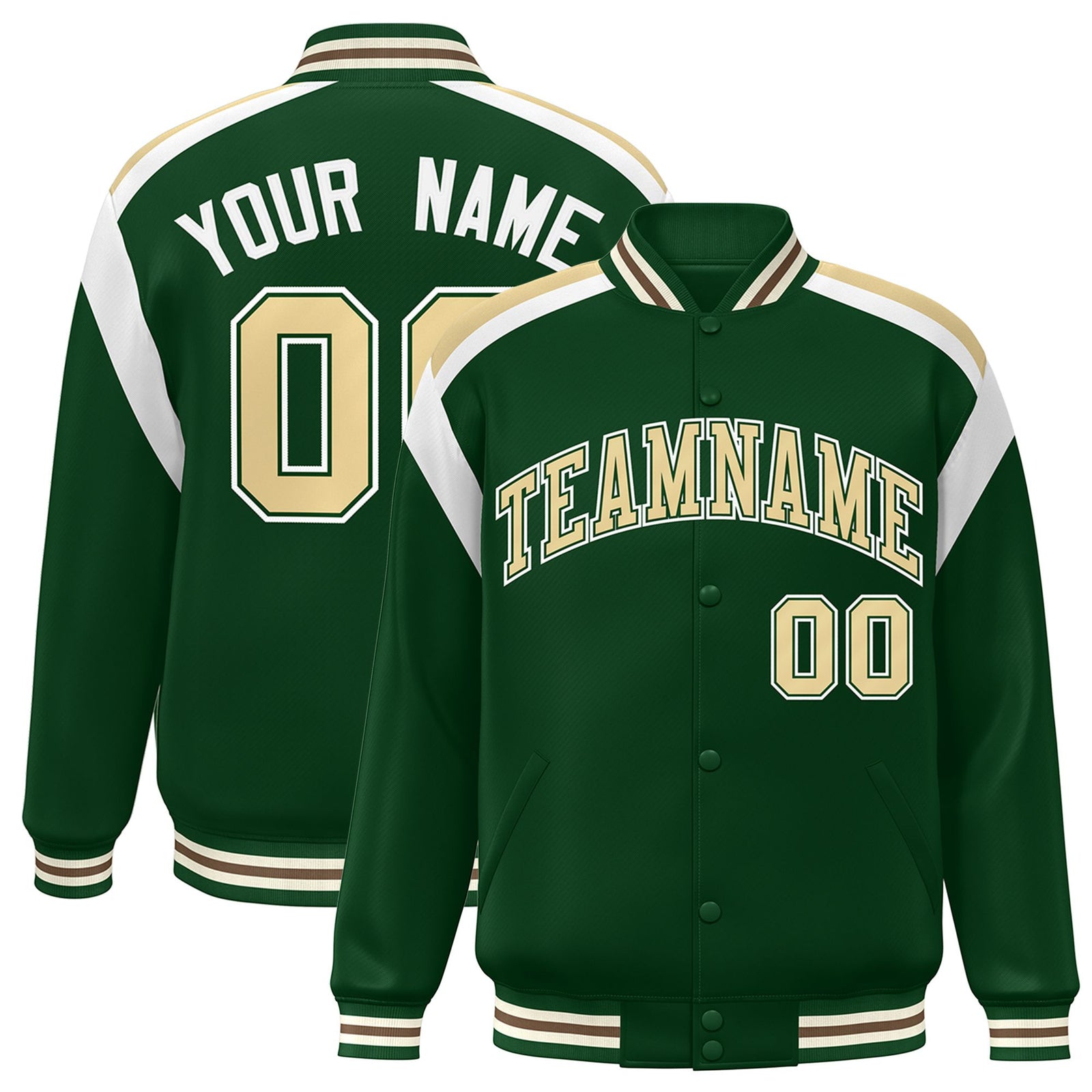Custom Kelly-Green Old-Gold White Bomber Full-Snap Varsity Letterman Shoulder Stripe Jacket