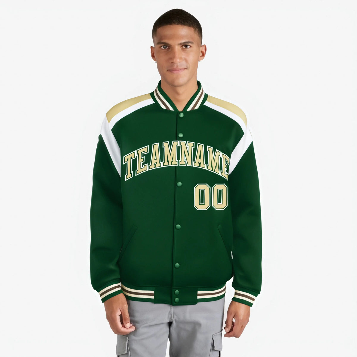 Custom Kelly-Green Old-Gold White Bomber Full-Snap Varsity Letterman Shoulder Stripe Jacket