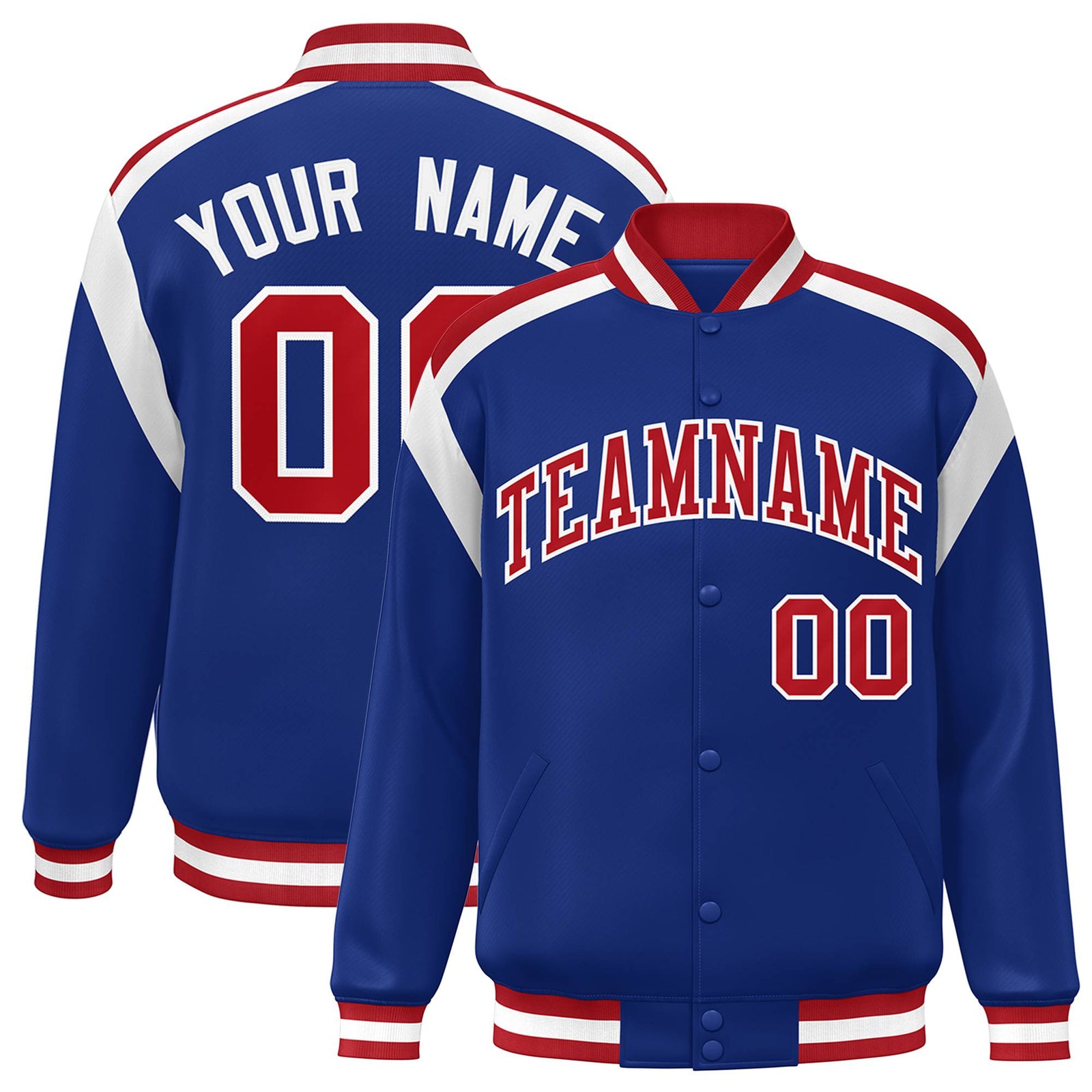 Custom Thunder Blue Red-White Bomber Full-Snap Varsity Letterman Shoulder Stripe Jacket