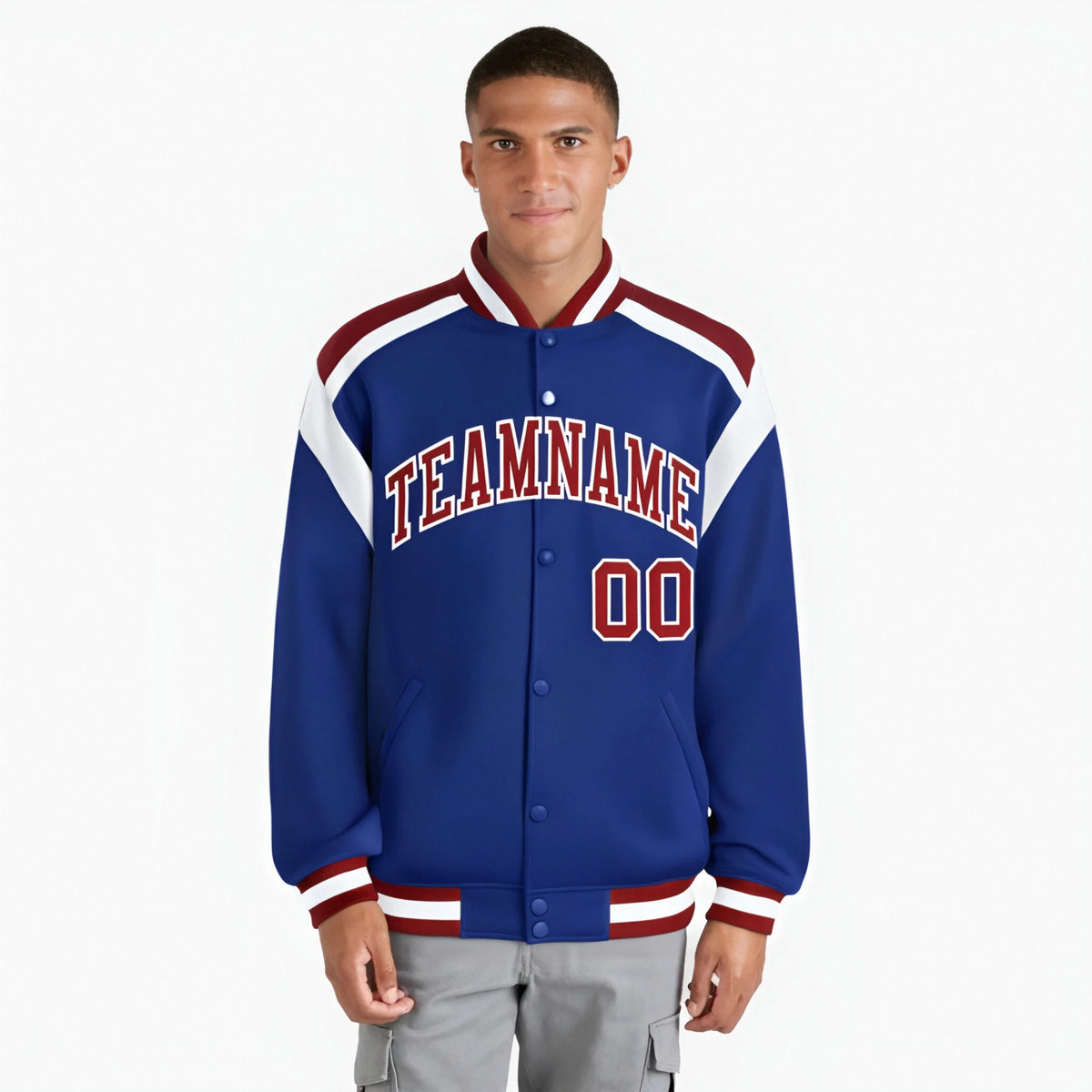 Custom Thunder Blue Red-White Bomber Full-Snap Varsity Letterman Shoulder Stripe Jacket