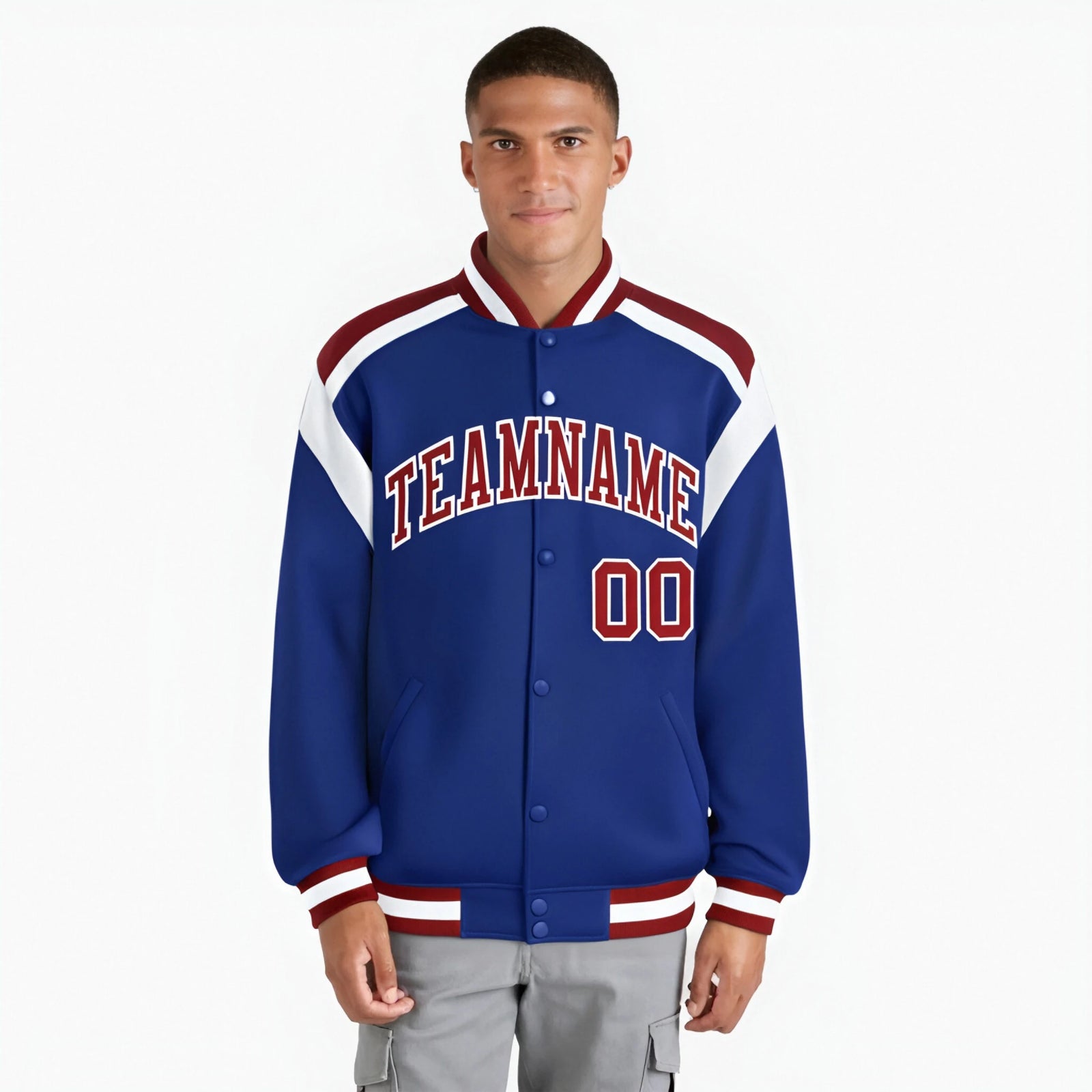 Custom Thunder Blue Red-White Bomber Full-Snap Varsity Letterman Shoulder Stripe Jacket