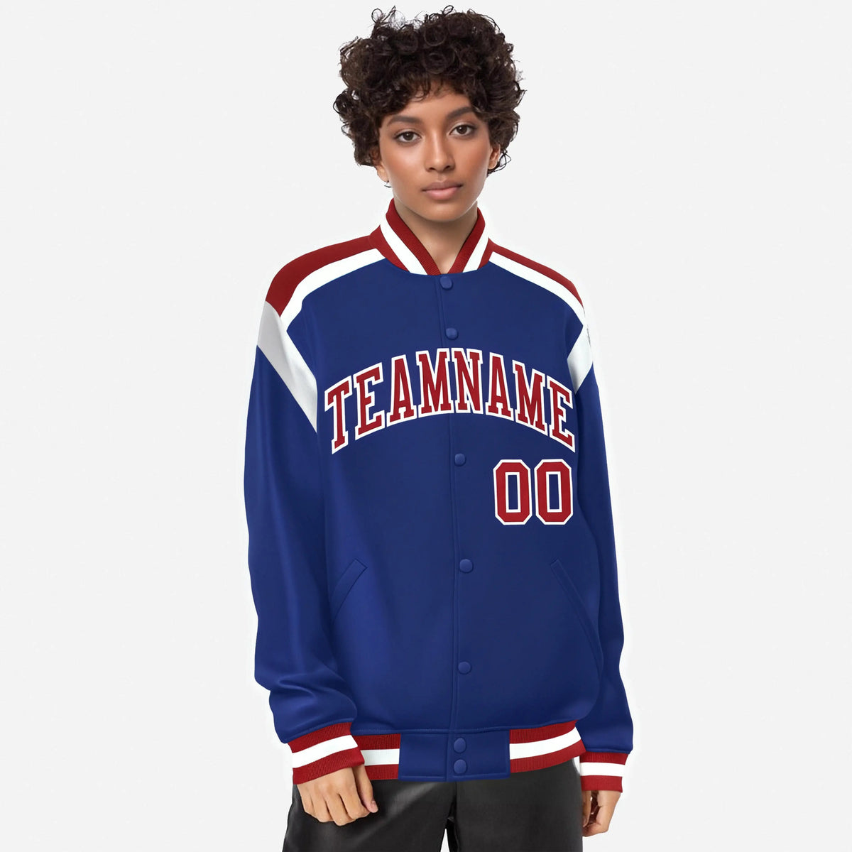 Custom Thunder Blue Red-White Bomber Full-Snap Varsity Letterman Shoulder Stripe Jacket