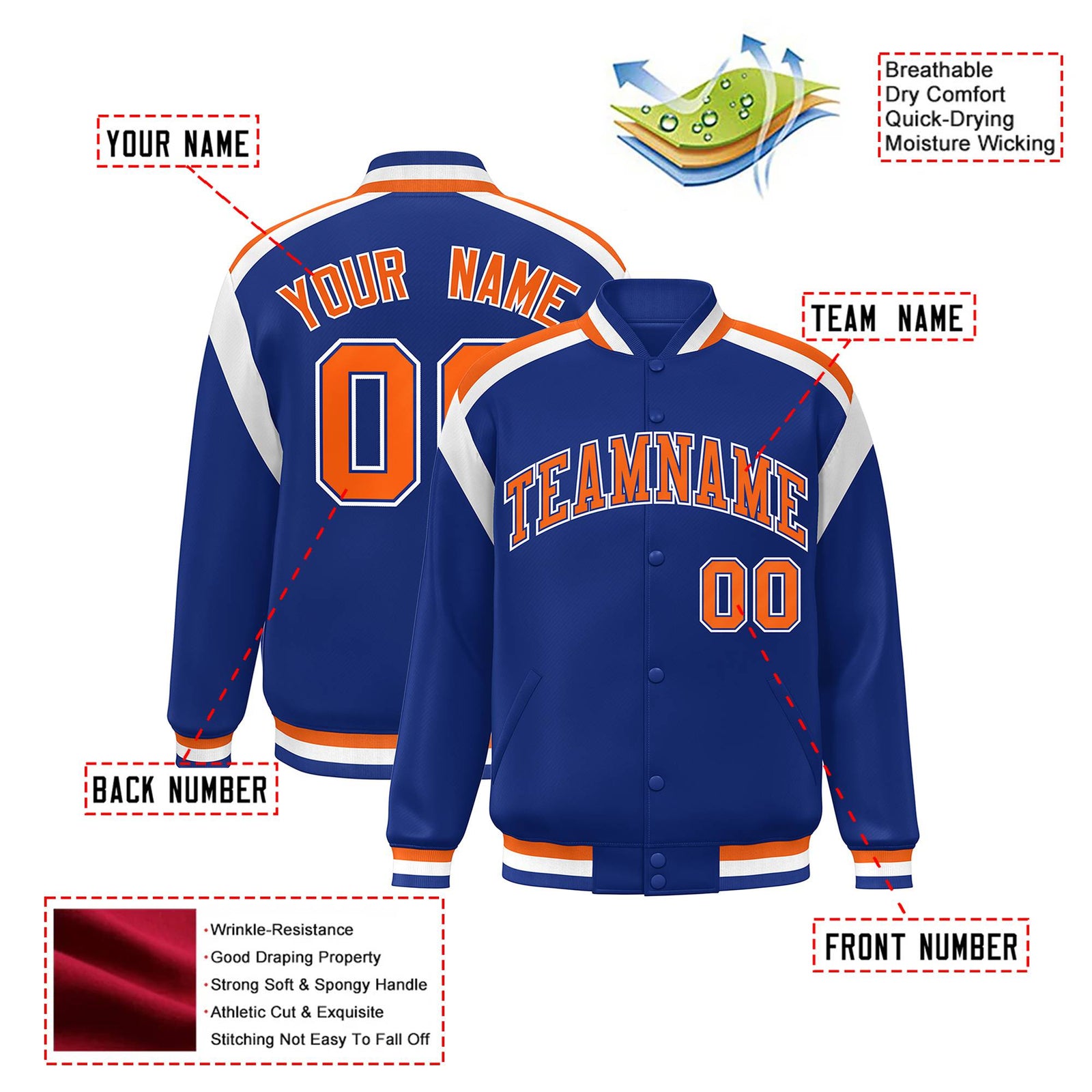 Custom Thunder Blue Orange-White Bomber Full-Snap Varsity Letterman Shoulder Stripe Jacket