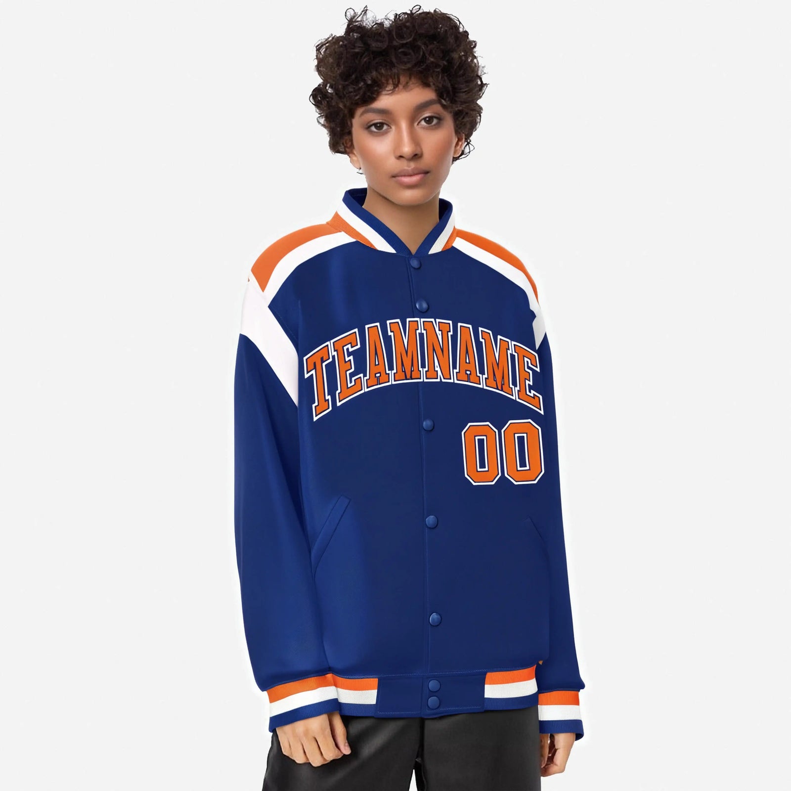 Custom Thunder Blue Orange-White Bomber Full-Snap Varsity Letterman Shoulder Stripe Jacket