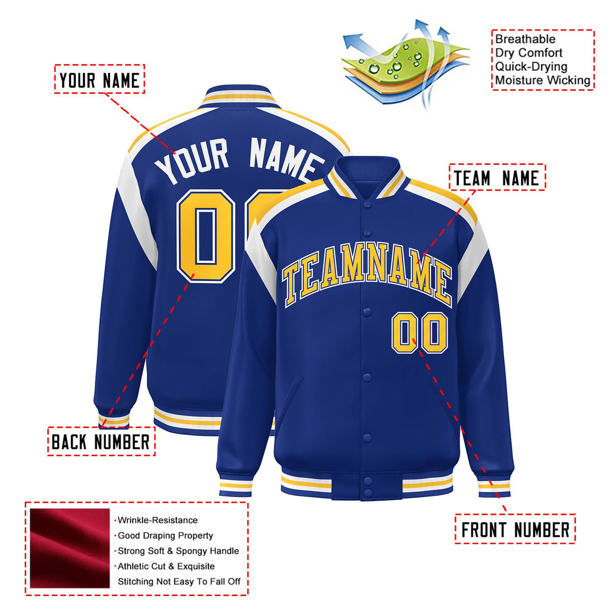 Custom Thunder Blue Yellow-White Bomber Full-Snap Varsity Letterman Shoulder Stripe Jacket