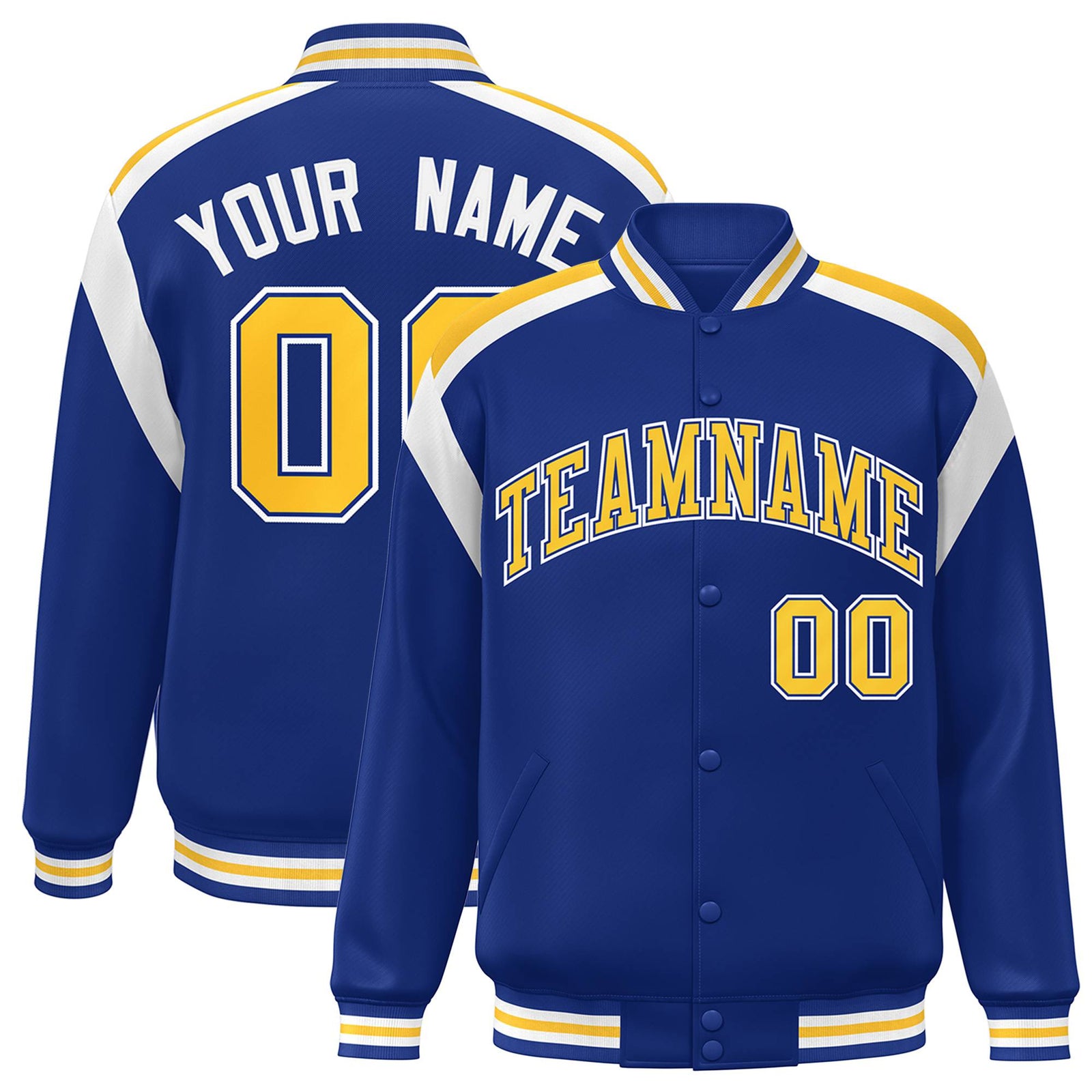 Custom Thunder Blue Yellow-White Bomber Full-Snap Varsity Letterman Shoulder Stripe Jacket