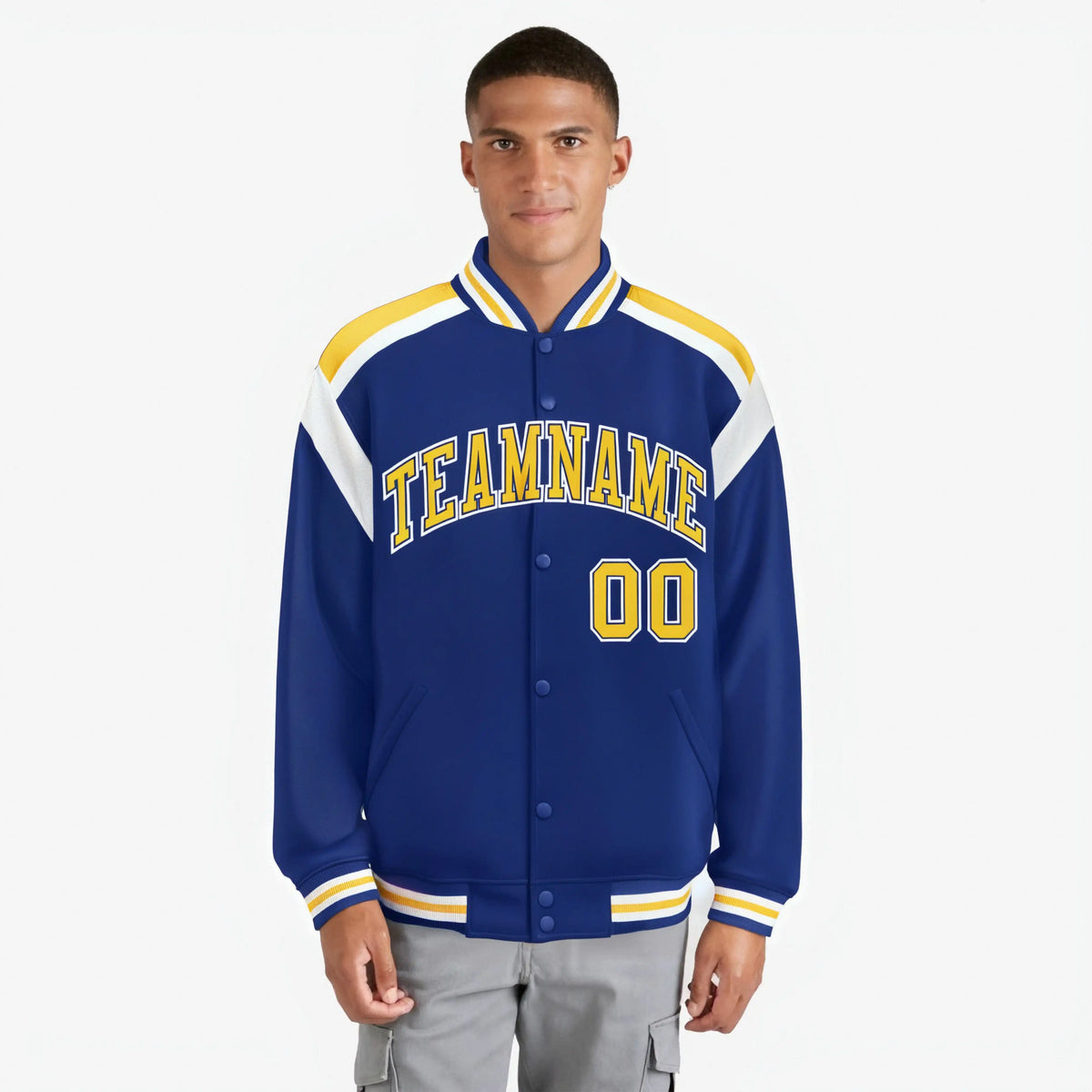 Custom Thunder Blue Yellow-White Bomber Full-Snap Varsity Letterman Shoulder Stripe Jacket