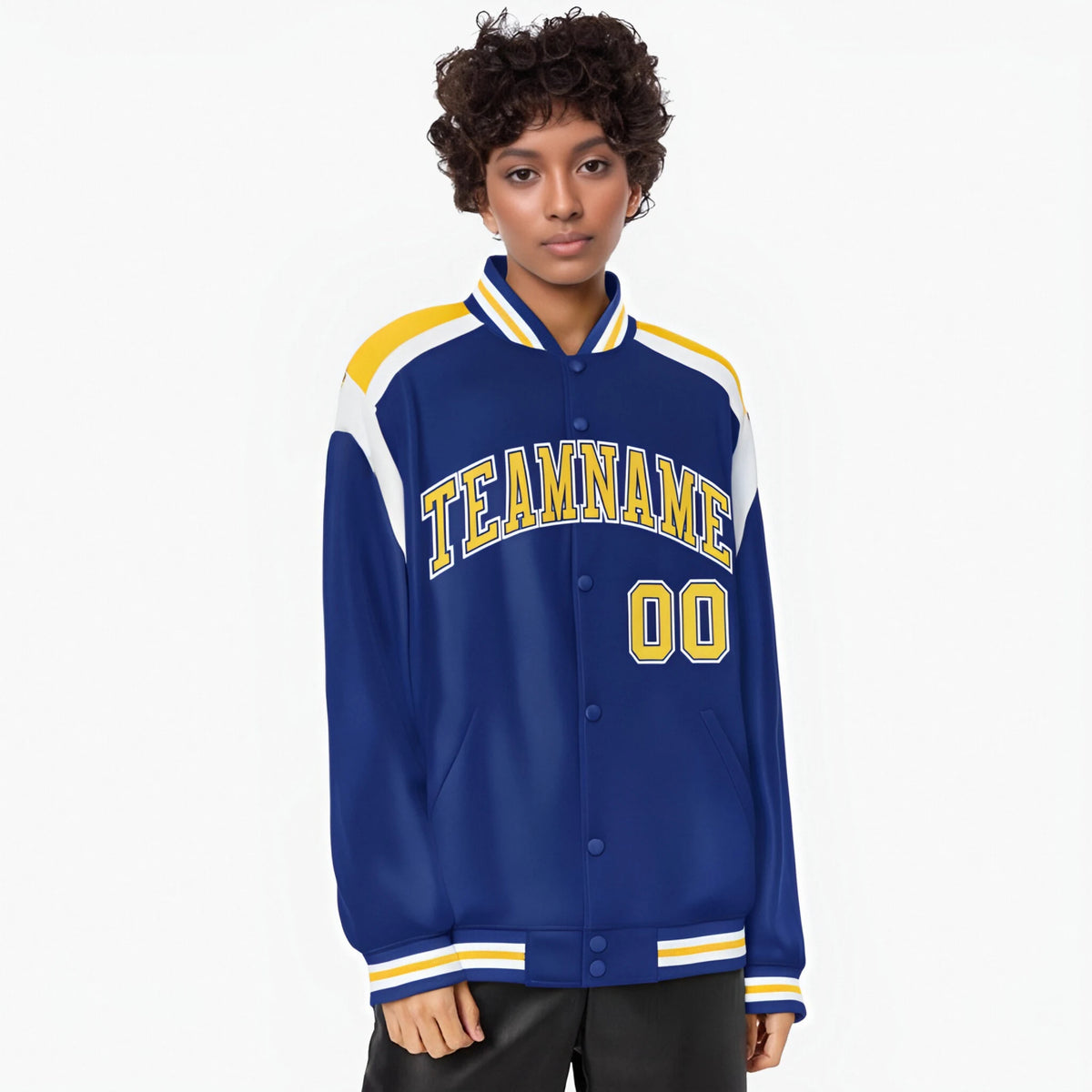 Custom Thunder Blue Yellow-White Bomber Full-Snap Varsity Letterman Shoulder Stripe Jacket