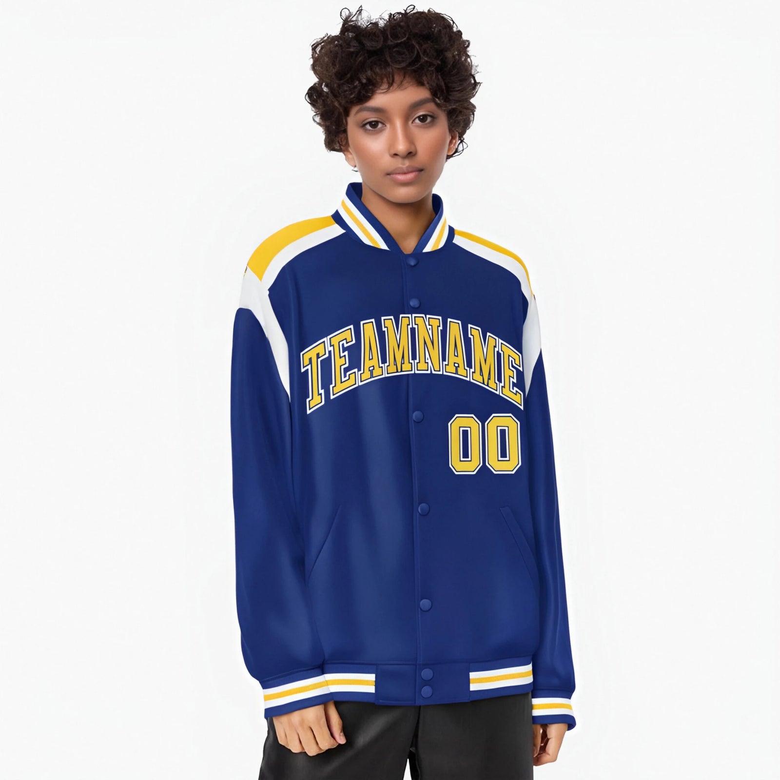 Custom Thunder Blue Yellow-White Bomber Full-Snap Varsity Letterman Shoulder Stripe Jacket